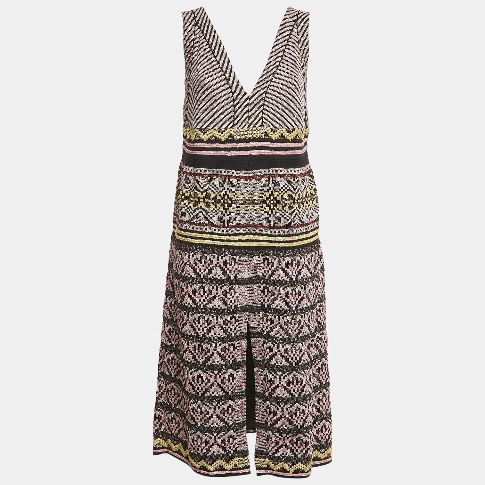 Pre Owned M Missoni Black/Pink Patterned Lurex Knit V-Neck Midi Dress S