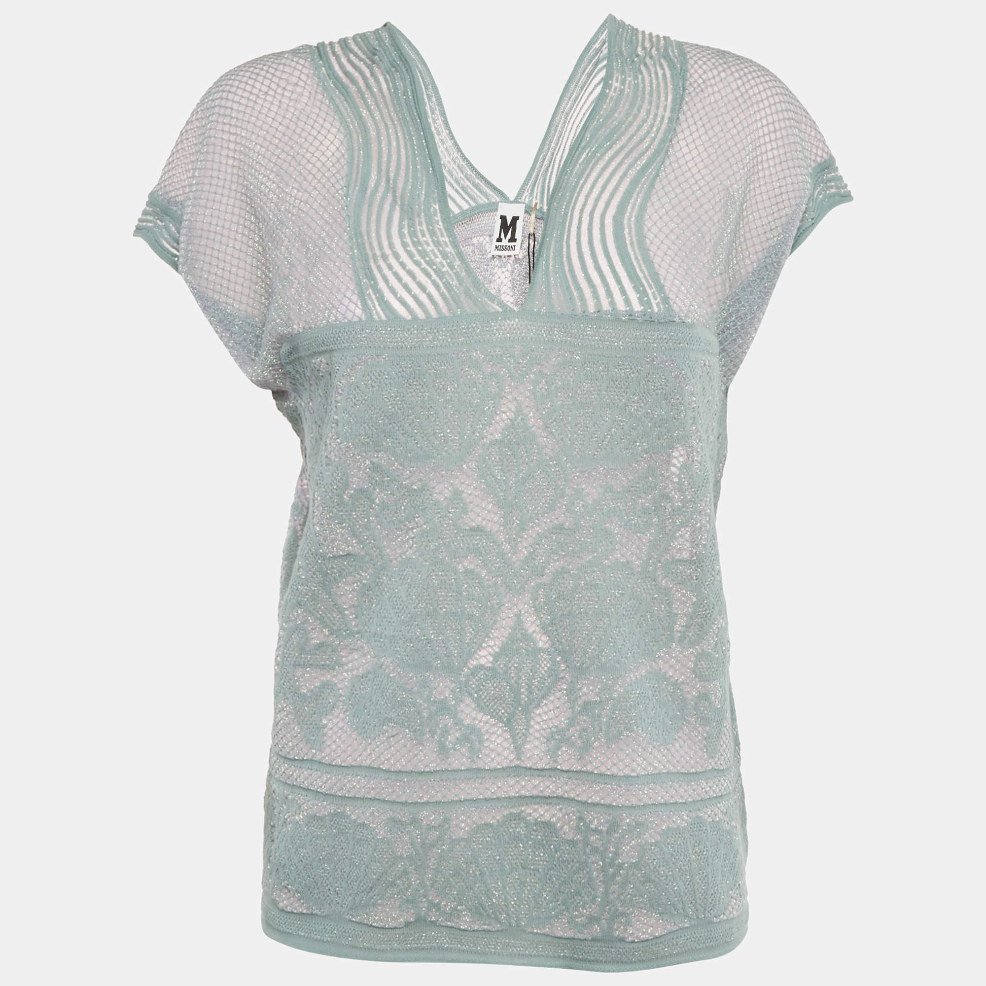 مملوكة مسبقًا M Missoni Teal Blue Lures Knit V-Neck Top M