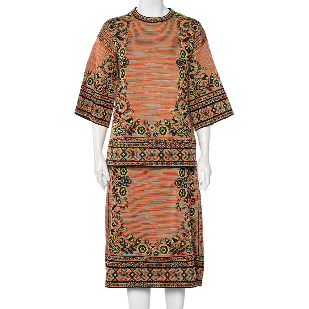 Pre Owned M Missoni Burnt orange Floral Jacquard Knit Midi Skirt & Top Set M