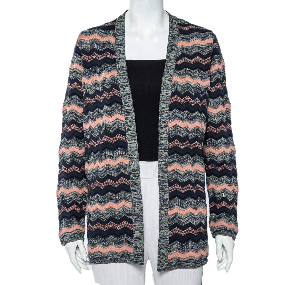 مملوكة مسبقًا كارديغان أم ميزوني تريكو شيفرون منقوش متعدد الألوان مفتوح من الأمام مقاس متوسط - ميديوم 