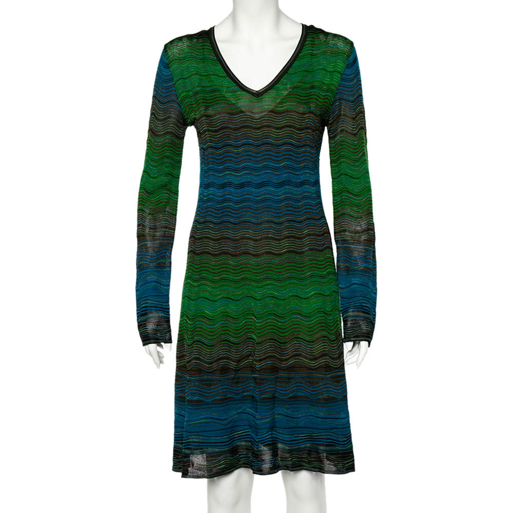 Missoni Multicolored Patterned Knit V-neck Flared Dress L