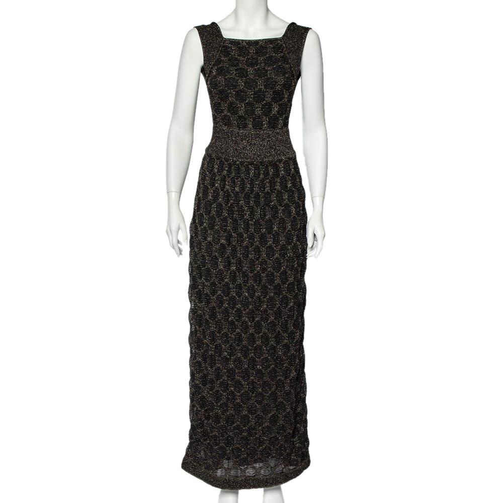 مملوكة مسبقًا فستان ماكسي ام ميسوني تريكو  لوريكس منقوش أسود بدون أكمام مقاس متوسط - ميديوم