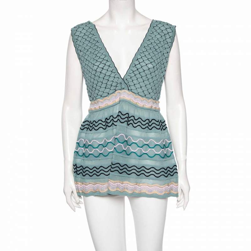 Pre Owned M Missoni Blue Patterned Knit Sleeveless Top L