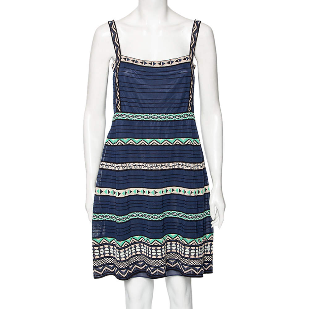Pre Owned M Missoni Navy Blue Panel Patterned Knit Sleeveless Dress L