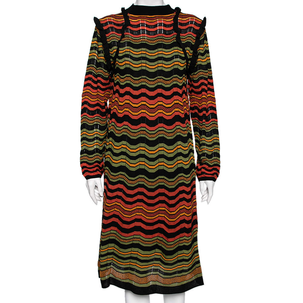 Pre Owned M Missoni Multicolor Wave Perforated Pattern Knit Ruffle Detailed Midi Dress L