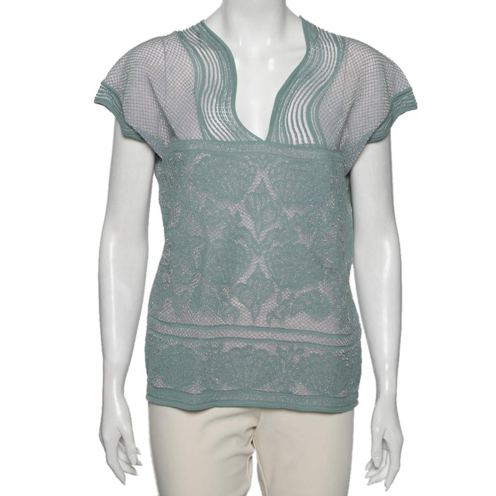 Pre Owned M Missoni Blue Patterned Lurex Knit V-Neck Top M