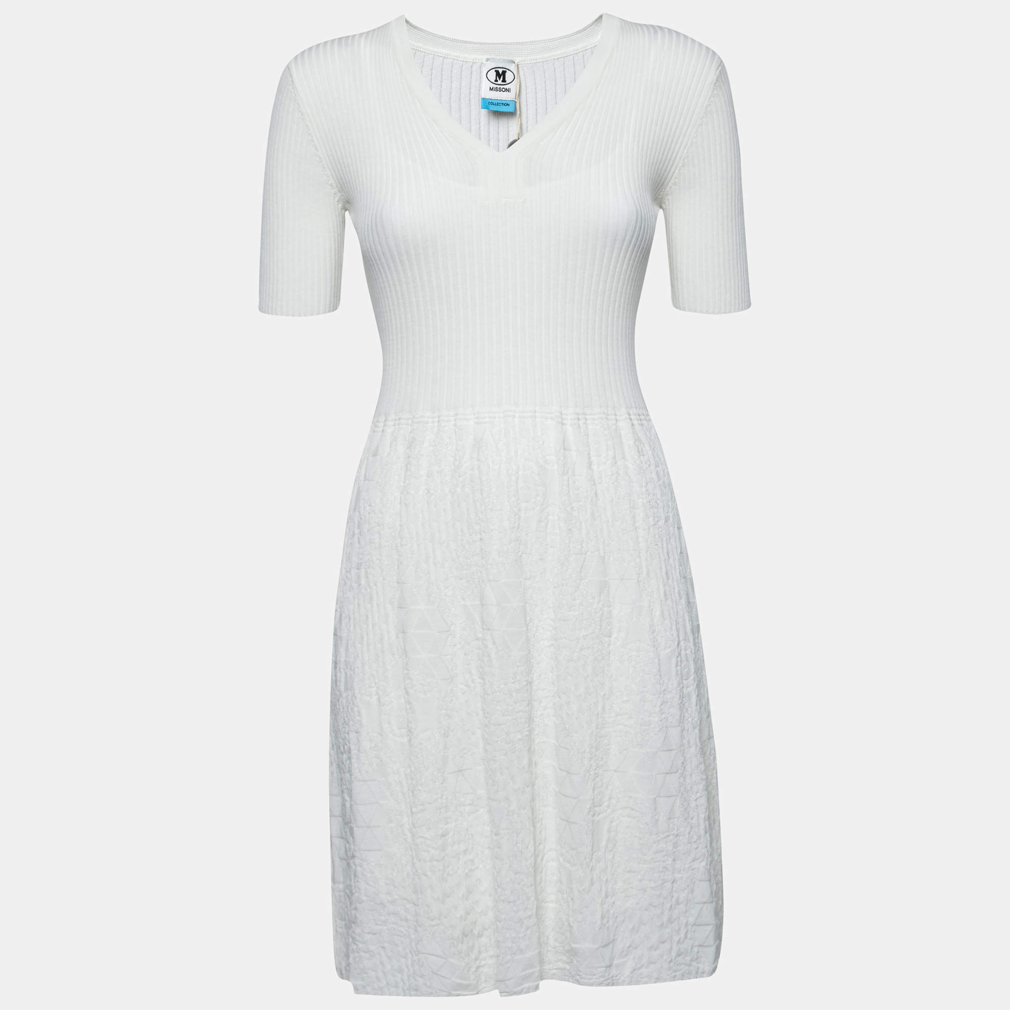مملوكة مسبقًا M Missoni White Patterned Rib Knit Short Sleeve Dress S 