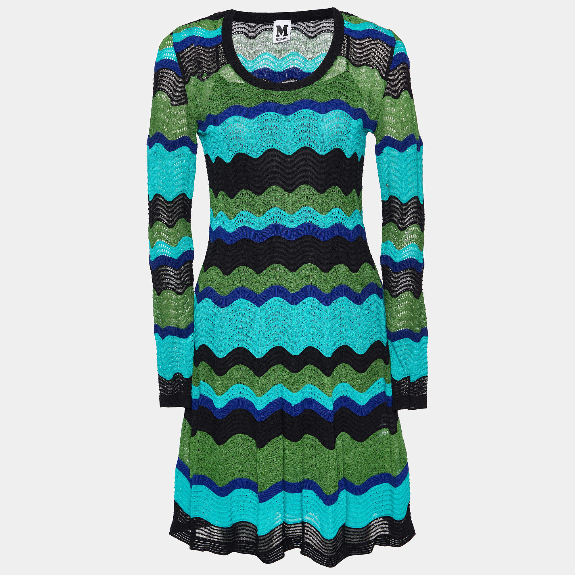 Pre Owned M Missoni Multicolour Wave Perforated Pattern Knit Midi Dress S