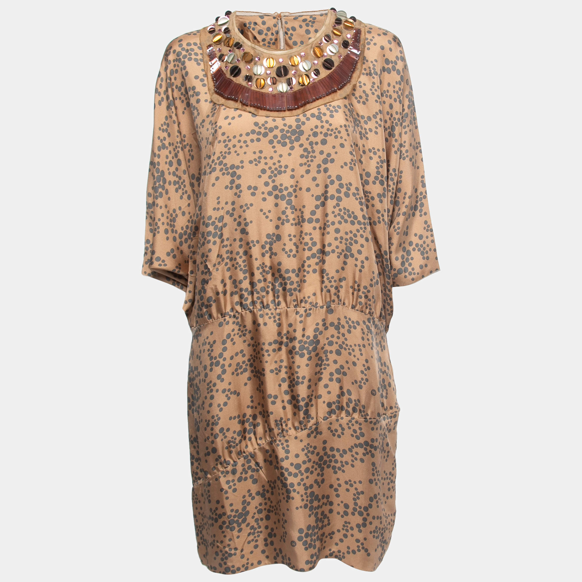 Pre Owned M Missoni Brown Printed Silk Embellished Neck Detail Dress L