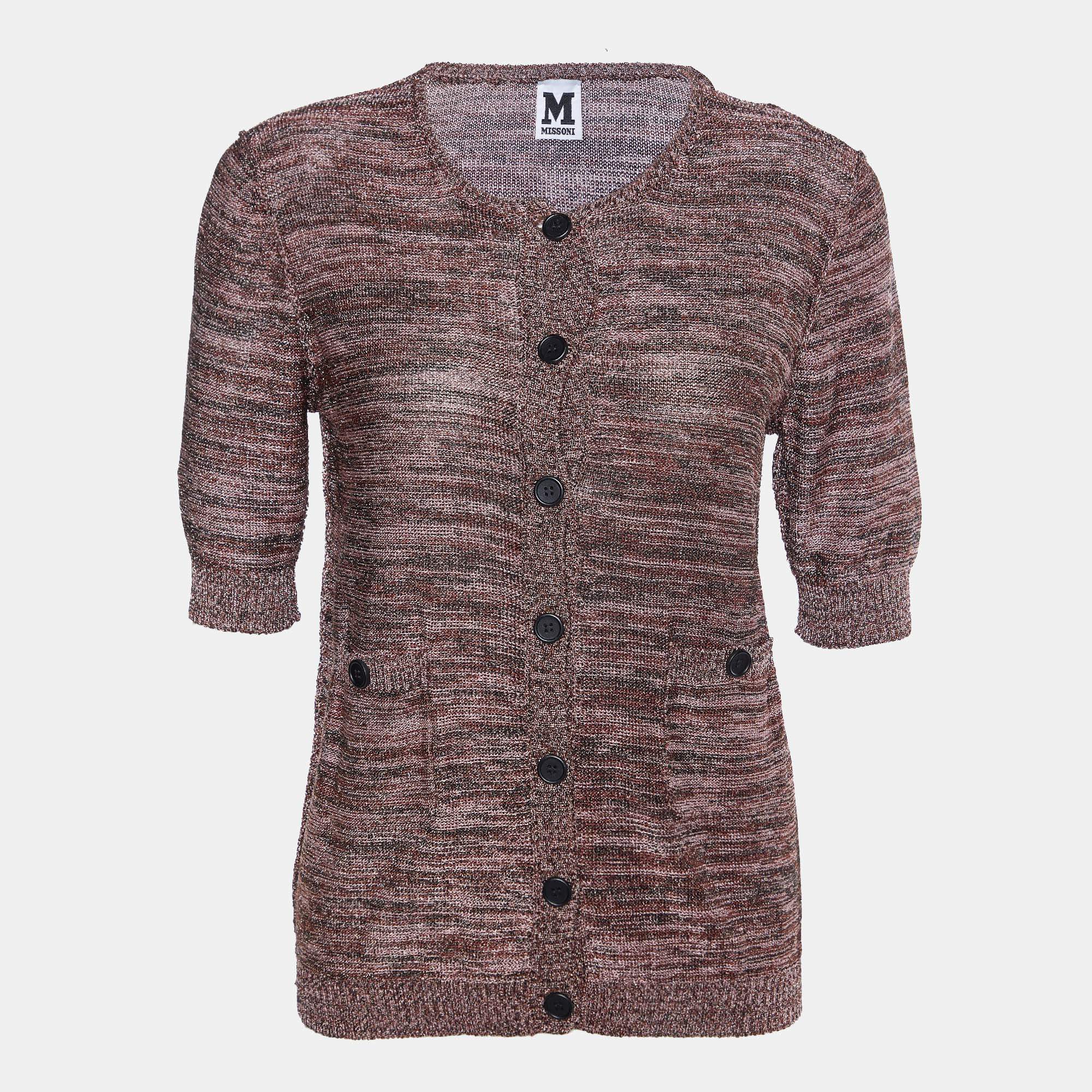Pre Owned M Missoni Pink & Brown Lurex Knit Button Front Cardigan M