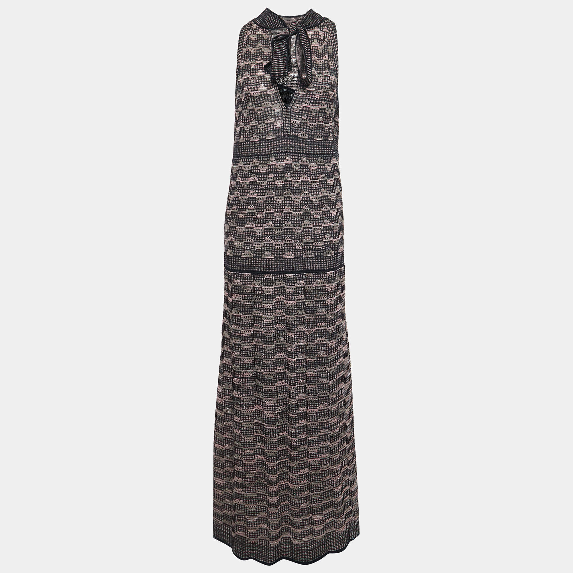Pre Owned M Missoni Black/Pink Perforated Lurex Knit Maxi Dress L
