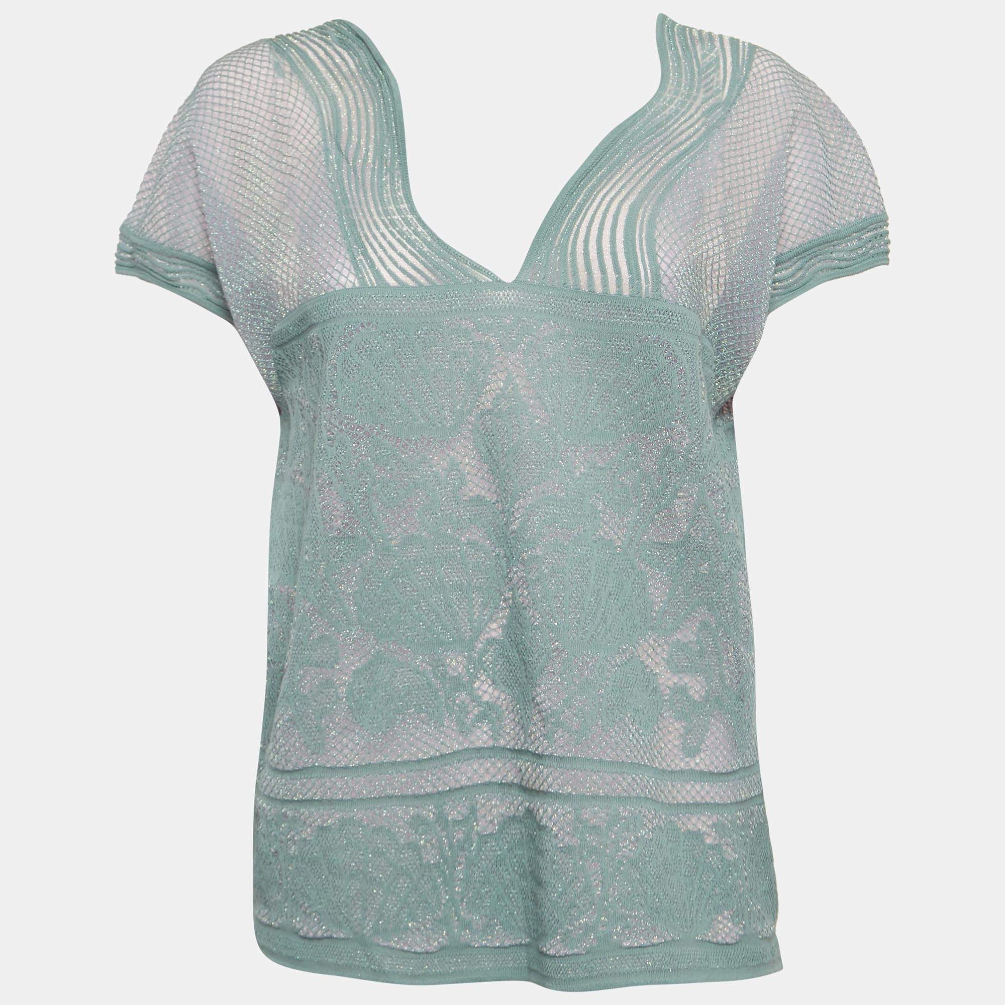 Pre Owned M Missoni Blue Sea Shell Pattern Lurex Knit Cap Sleeve Top M