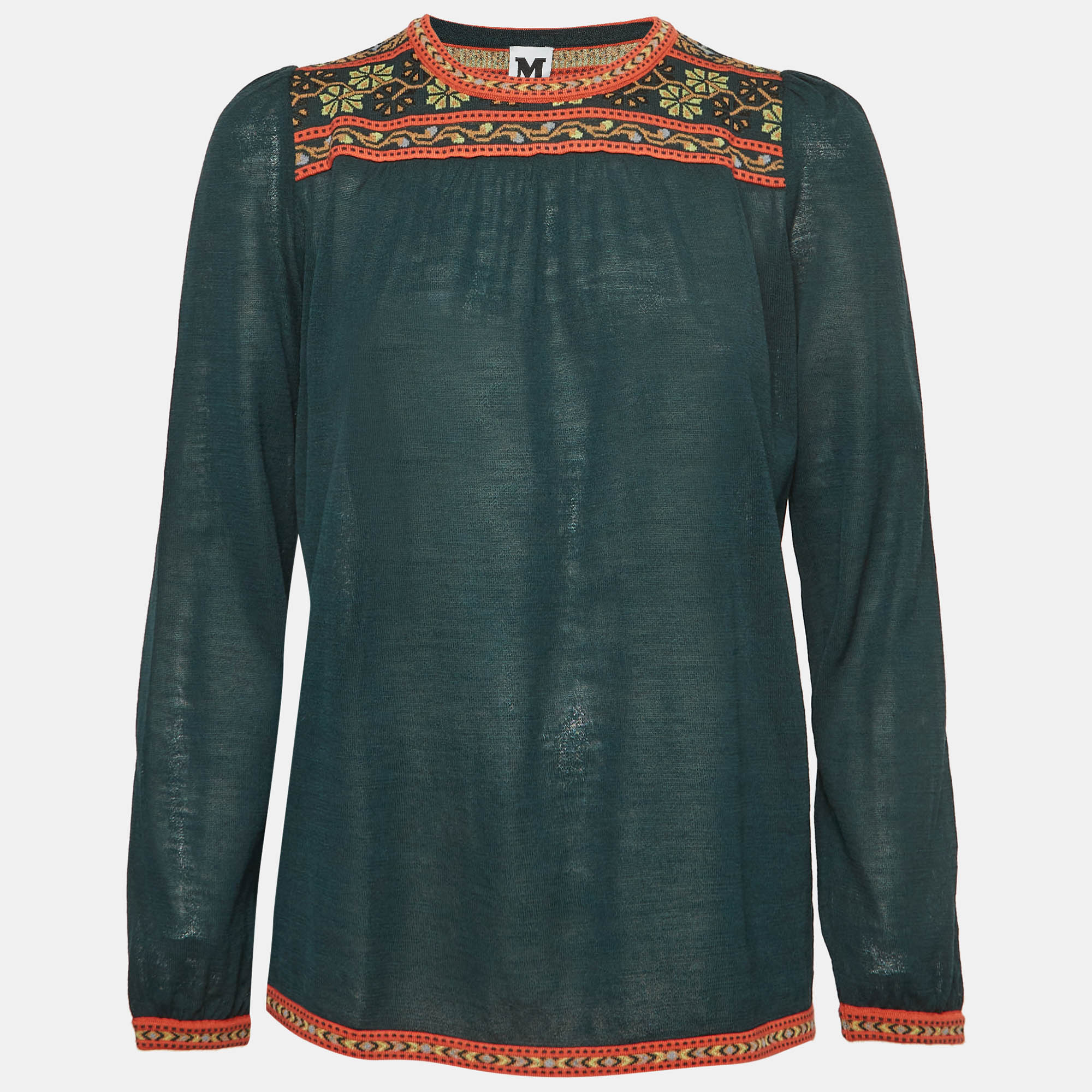 M Missoni Green Floral Pattern Knit Long Sleeve Top L