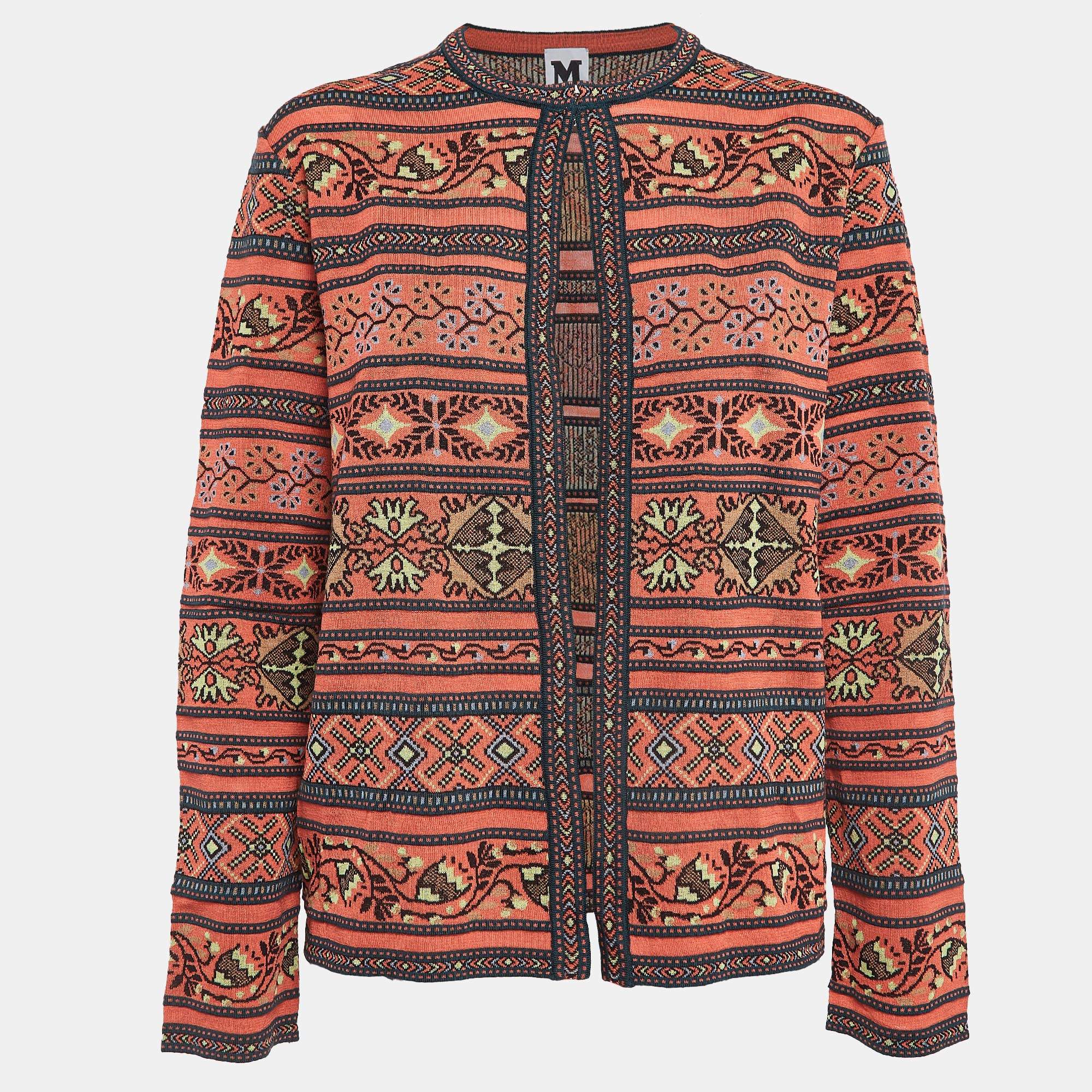 Pre Owned M Missoni Multicolored Patterned Knit Long Sleeve Cardigan L