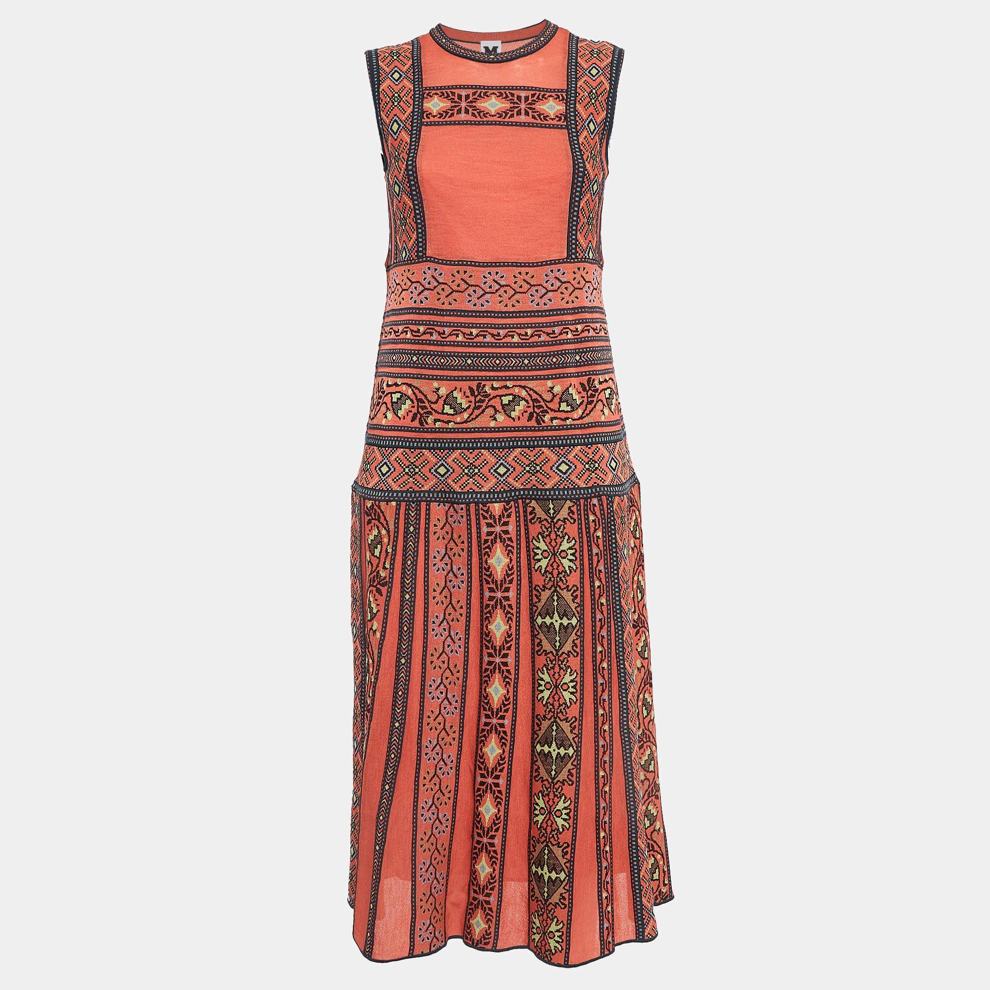مملوكة مسبقًا M Missoni Orange Patterned Knit Sleeveless Flared Midi Dress M