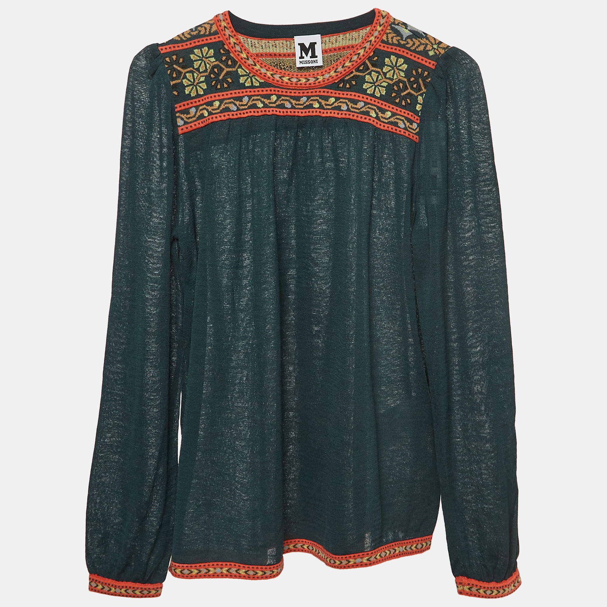 Pre Owned M Missoni Green Patterned Knit Puff Sleeves Top S