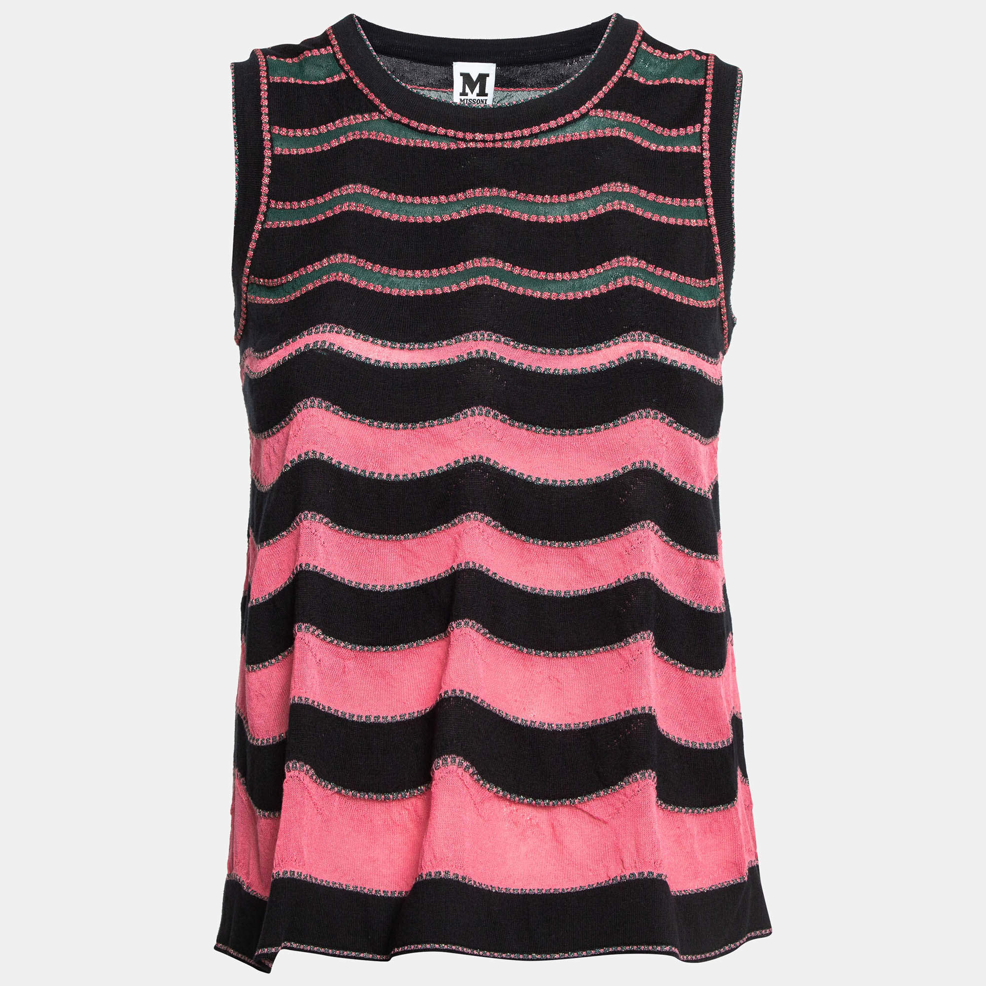 Pre Owned M Missoni Pink/Black Patterned Lurex Knit Tank Top S