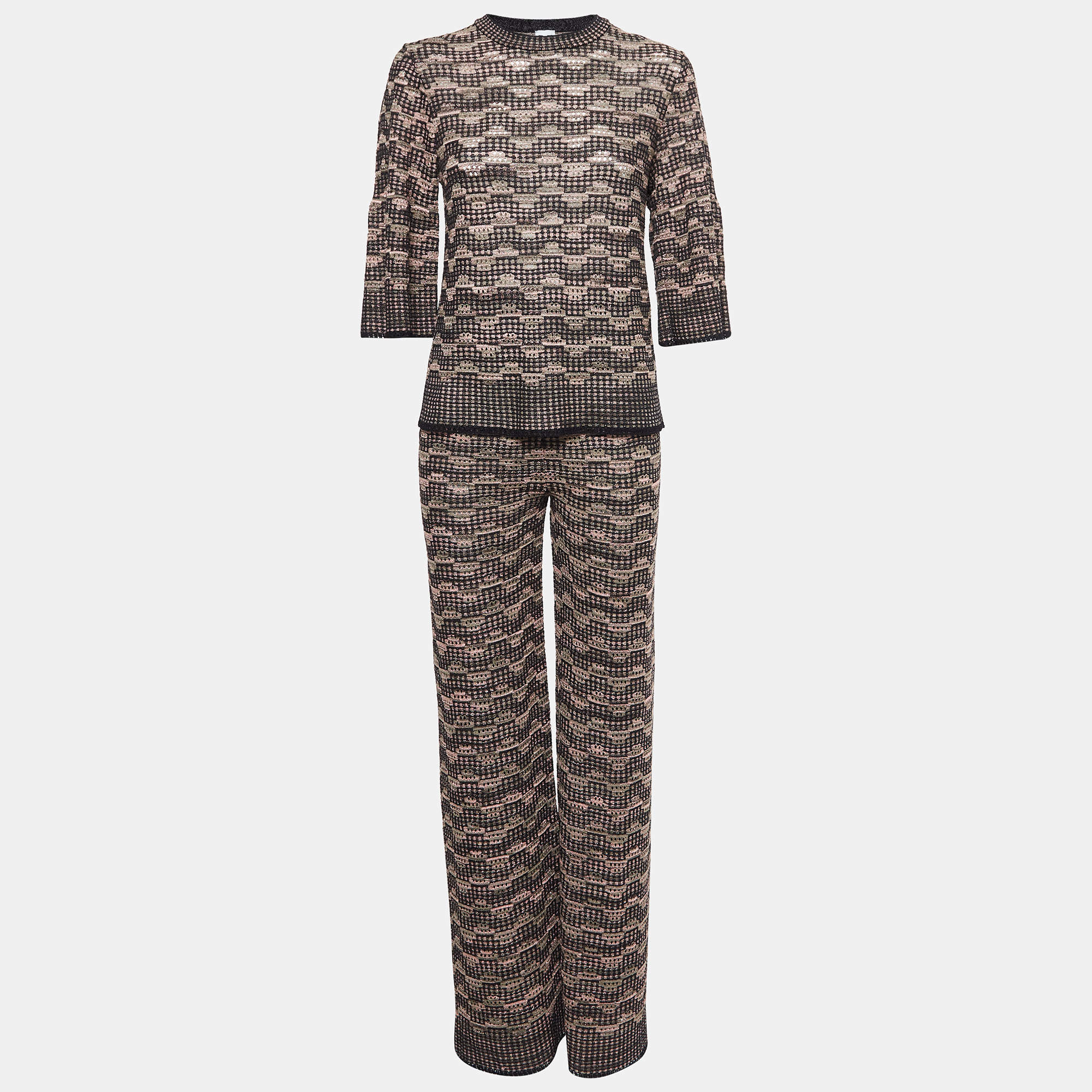 Pre Owned M Missoni Pink/Black Patterned Lurex Knit Top and Pants Set S