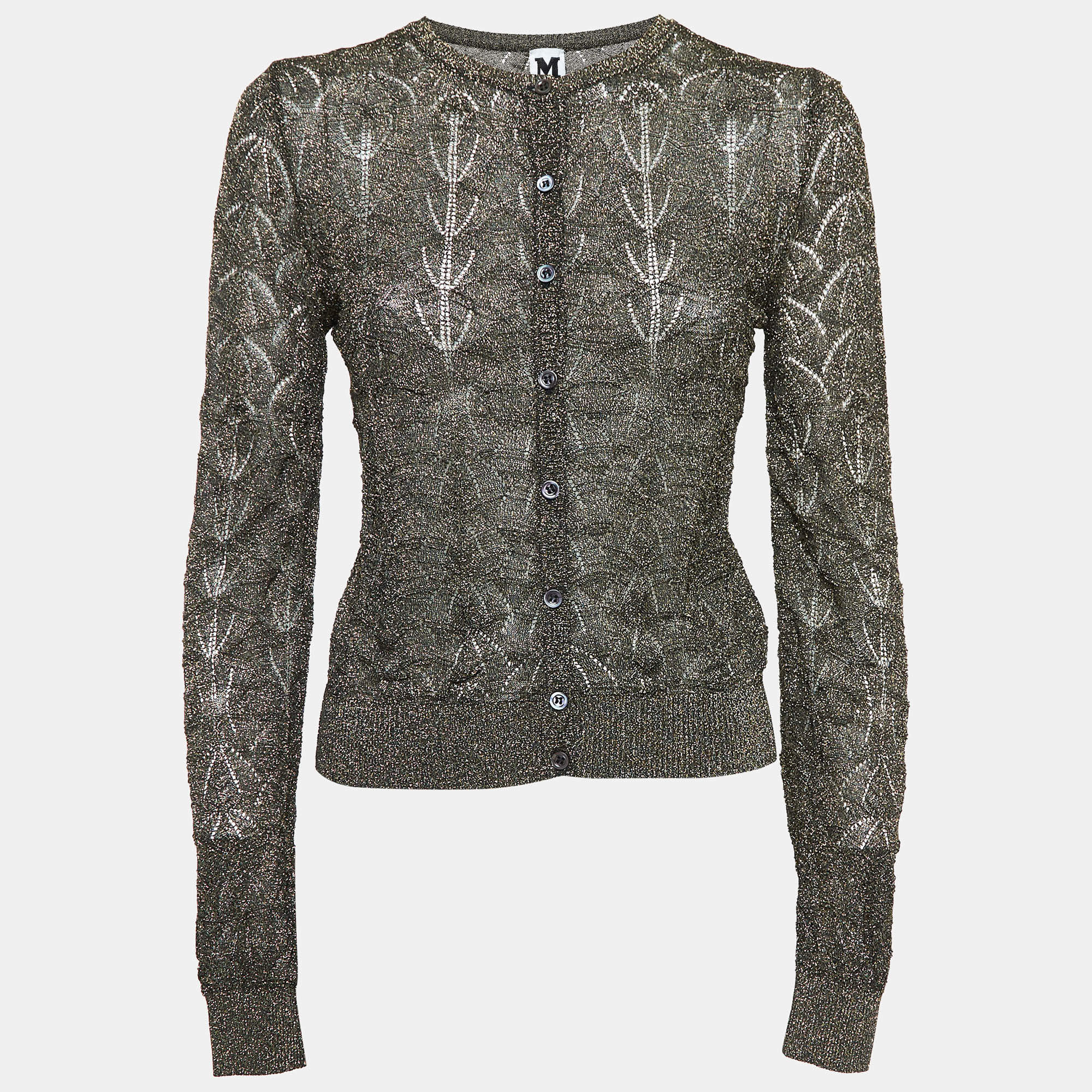 Pre Owned M Missoni Black/Gold Lurex Knit Buttoned Front Cardigan M