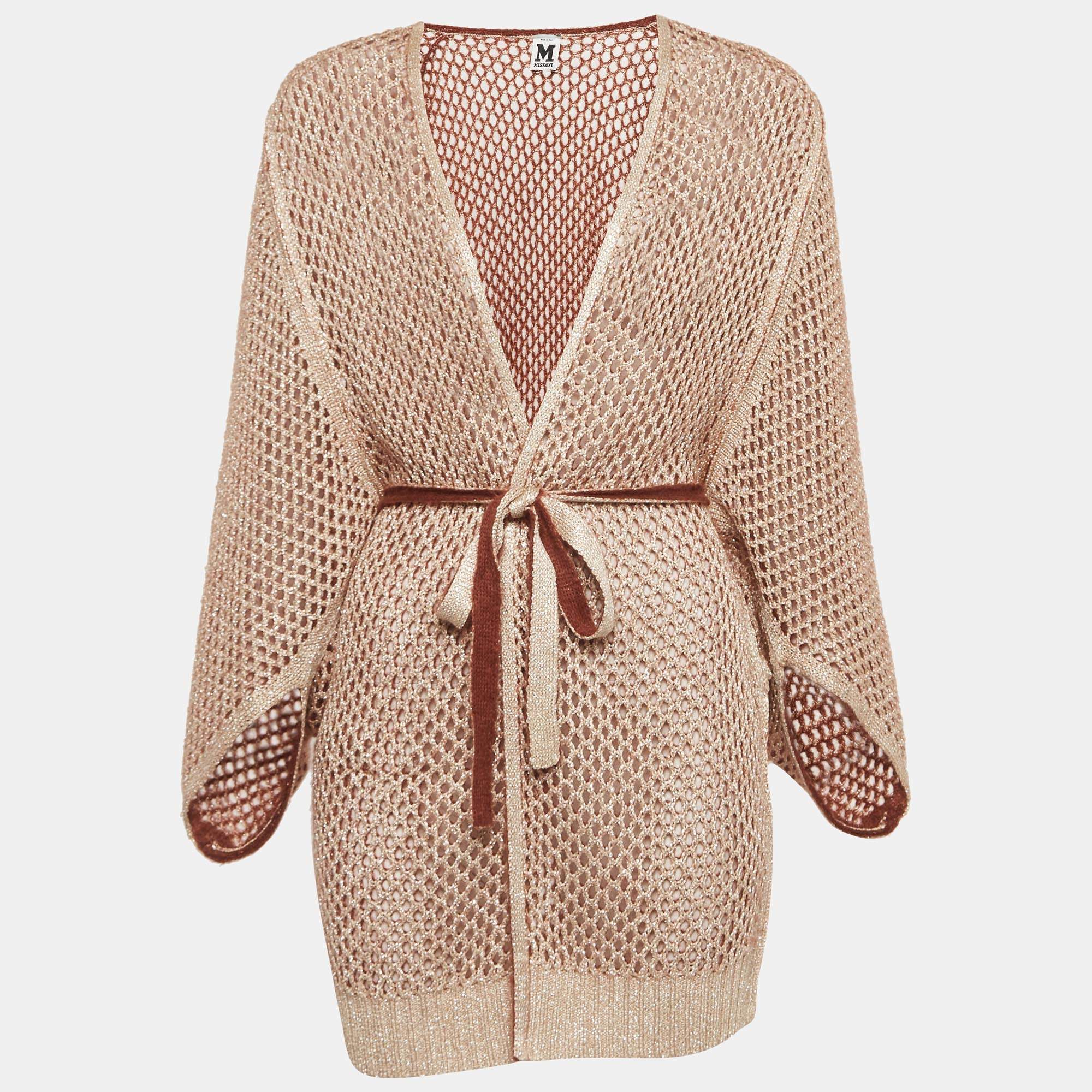 Pre Owned M Missoni Brown Lurex Knit Belted Cardigan M