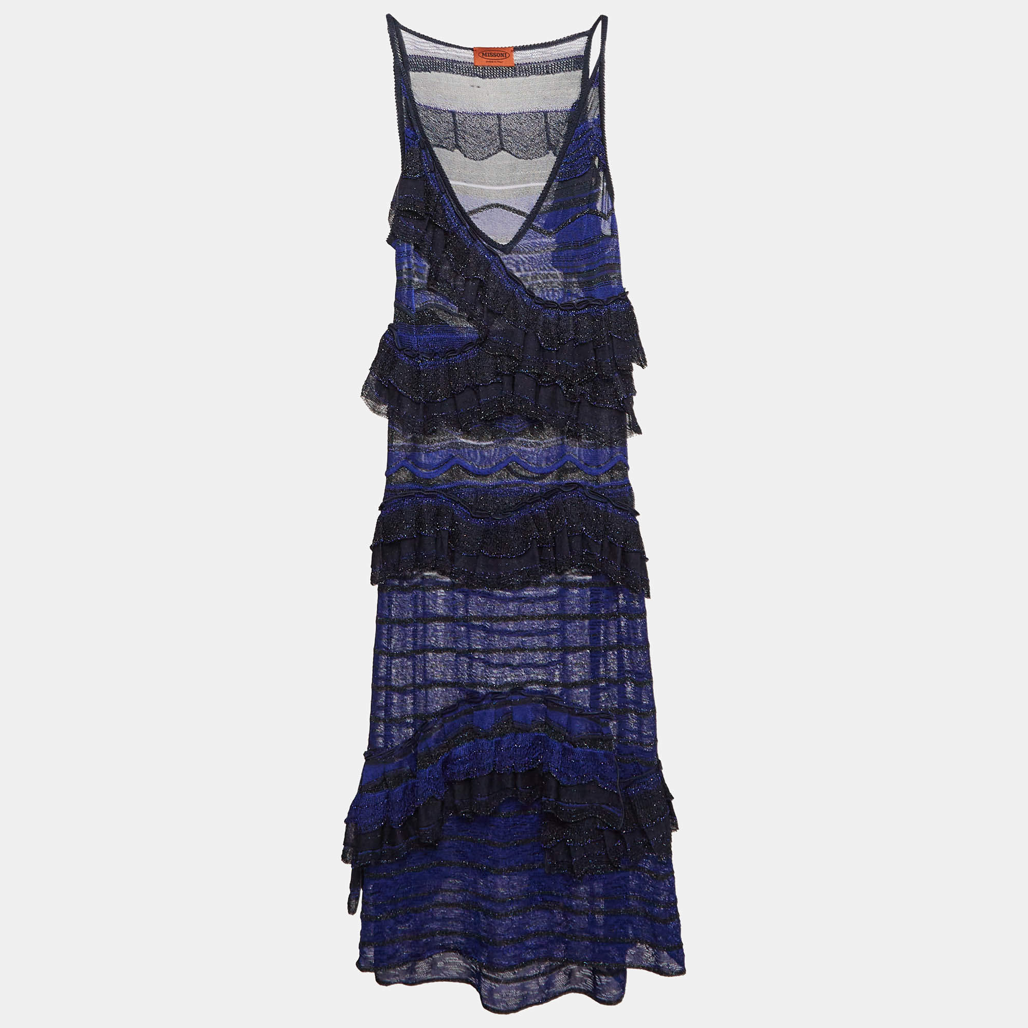 Pre Owned Missoni Blue/Black Lurex Knit Ruffled Sleeveless Dress M