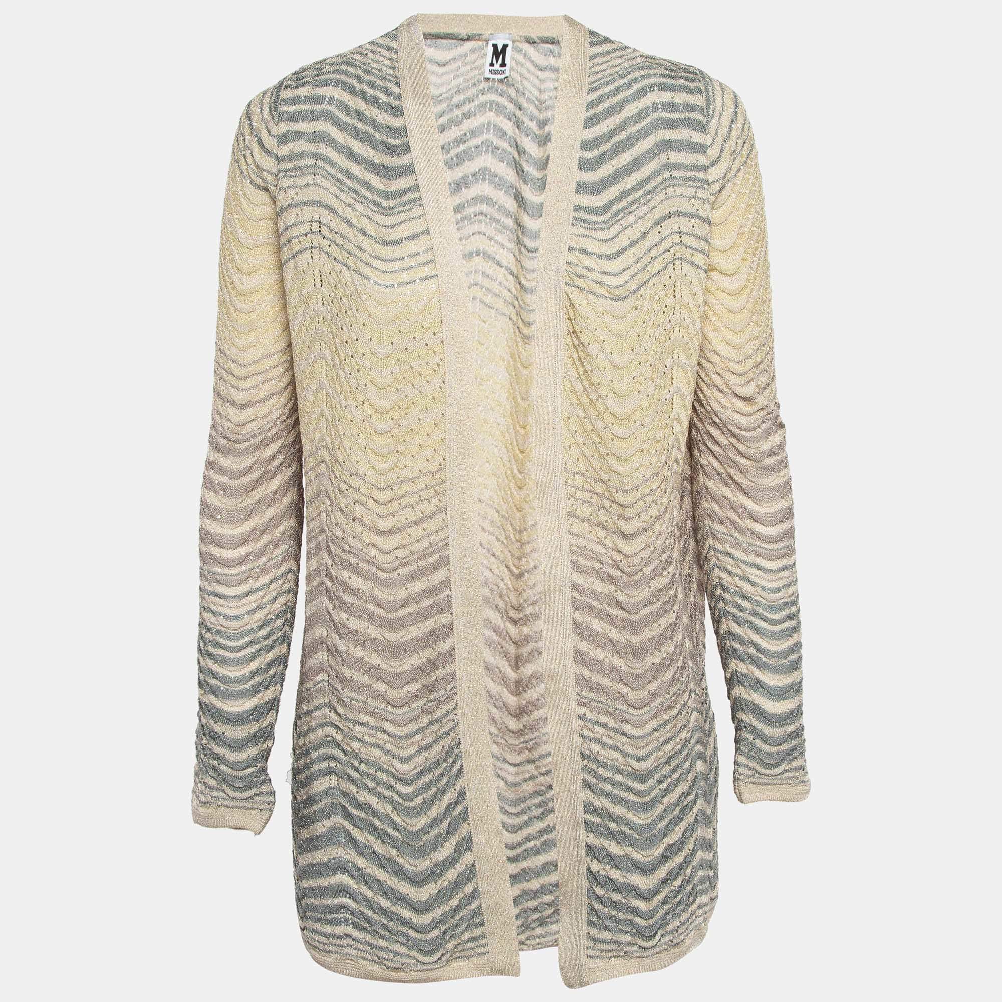 مملوكة مسبقًا M Missoni Beige Pinhole/Wave Patterned Knit Cardigan M