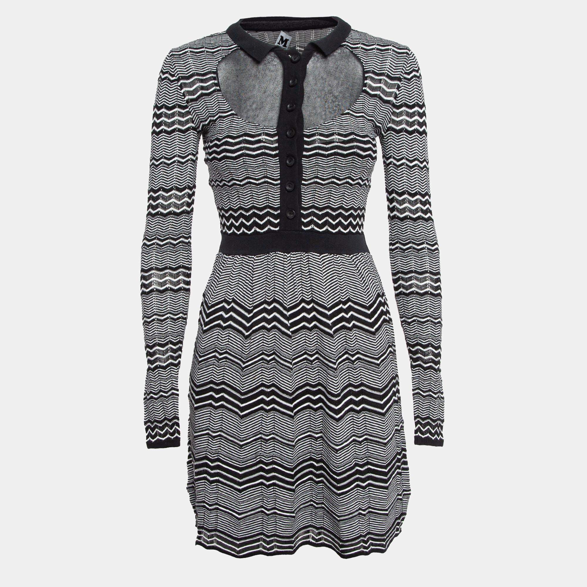 Pre Owned M Missoni Black/White Patterned Knit Mini Dress S