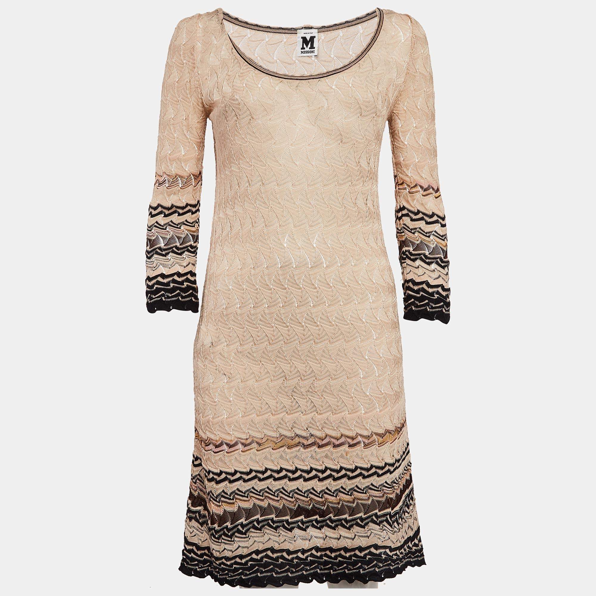 مملوكة مسبقًا M Missoni Beige Patterned Knit Round Neck Mini Dress M