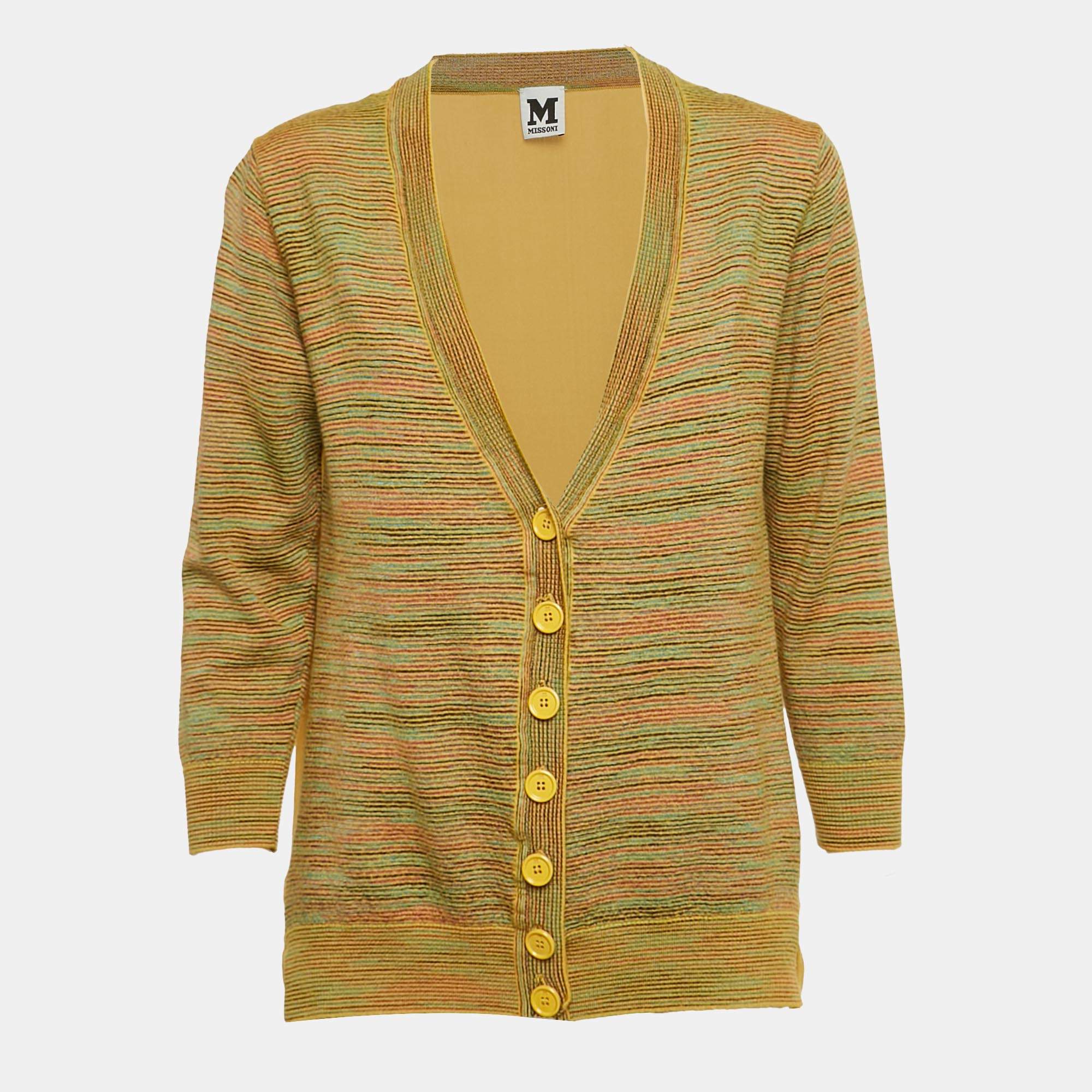 Pre Owned M Missoni Yellow Stripe Knit and Silk Buttoned Cardigan M