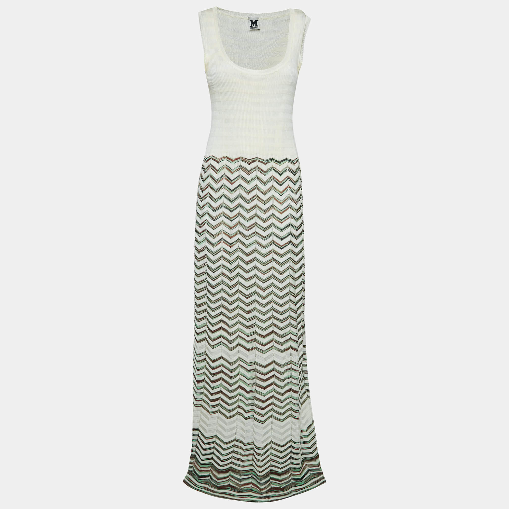 Pre Owned M Missoni Ivory White Chevron Pattern Knit Sleeveless Maxi Dress L
