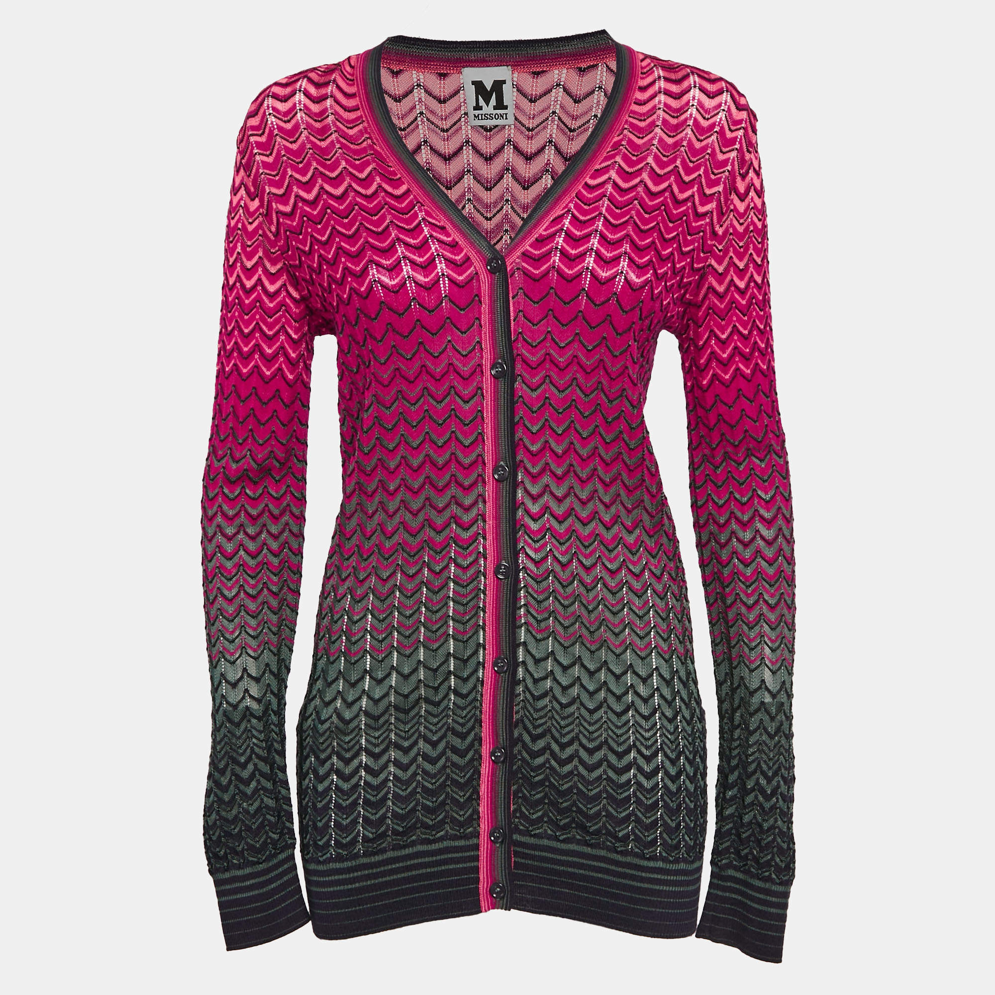 مملوكة مسبقًا M Missoni Pink Chevron Pointelle Knit Button Front Cardigan M