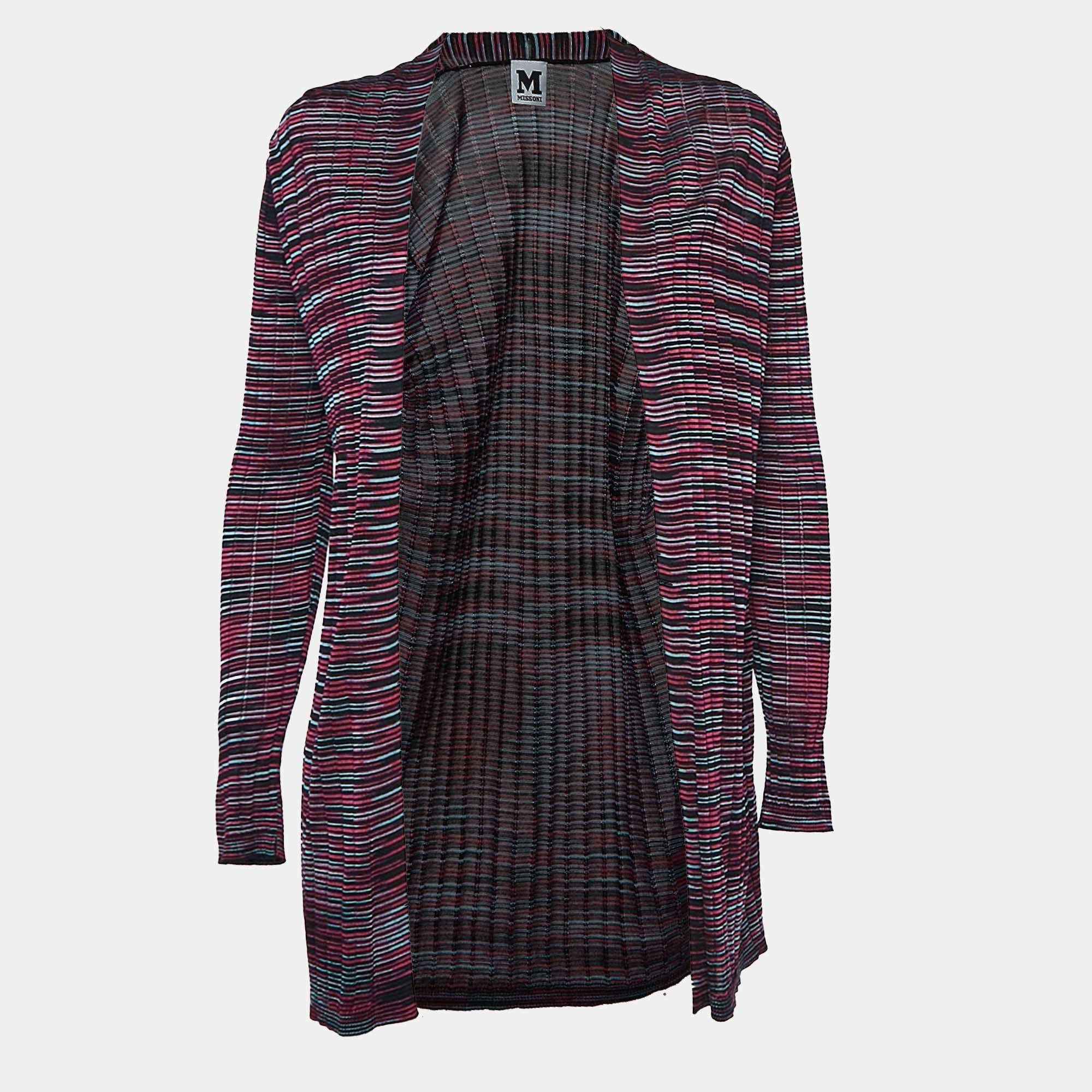 Pre Owned M Missoni Purple Patterned Knit Open Front Cardigan M