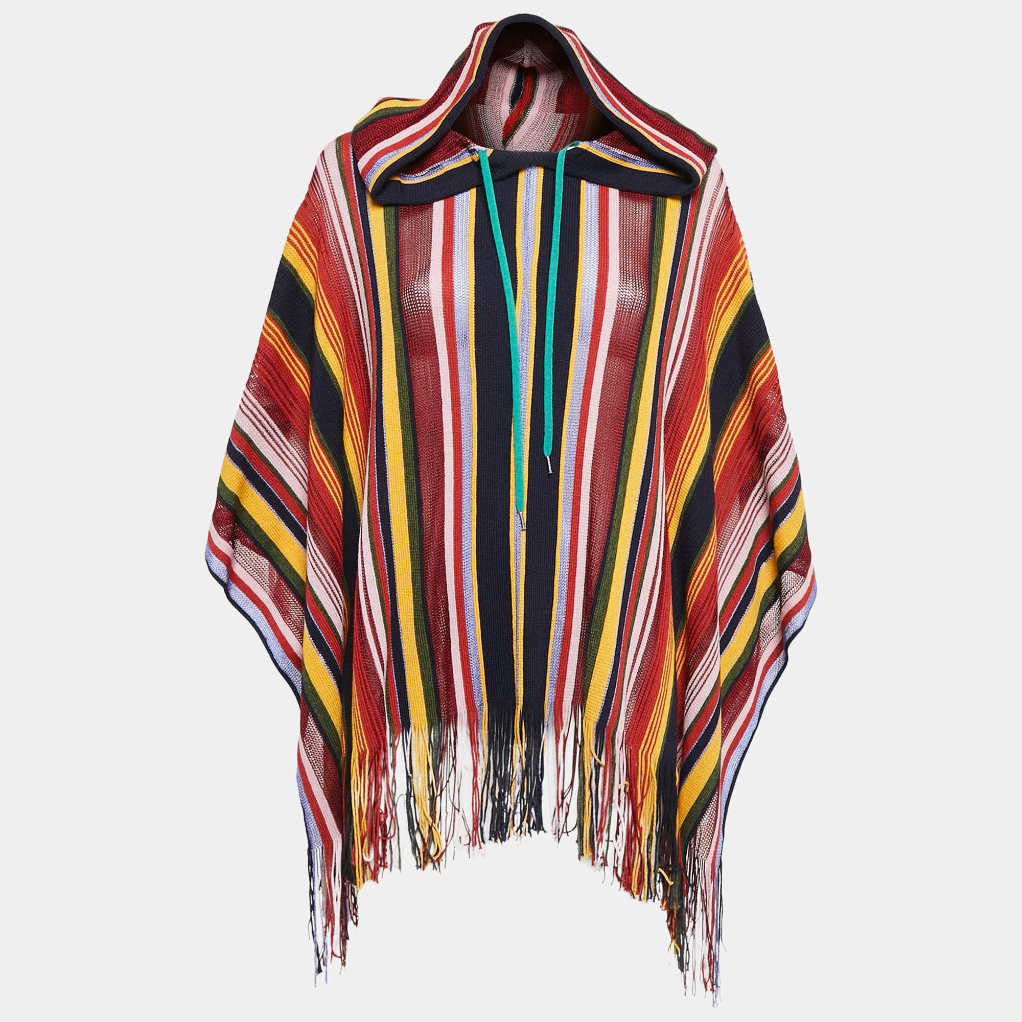 مملوكة مسبقًا M Missoni Multicolor Wool Blend Knit Fringed Poncho ONE SIZE