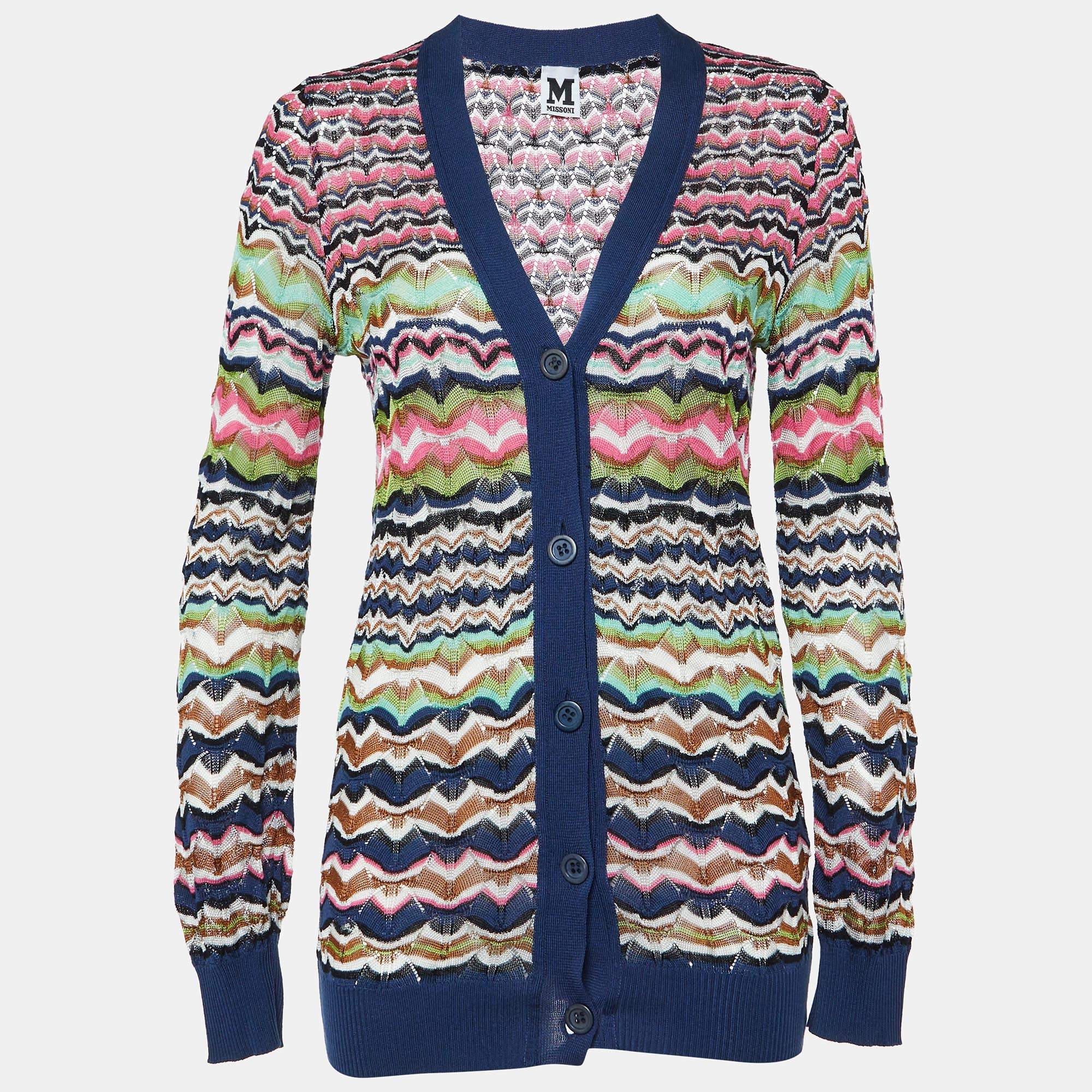 Pre Owned M Missoni Multicolor Patterned Knit Button Front Cardigan M