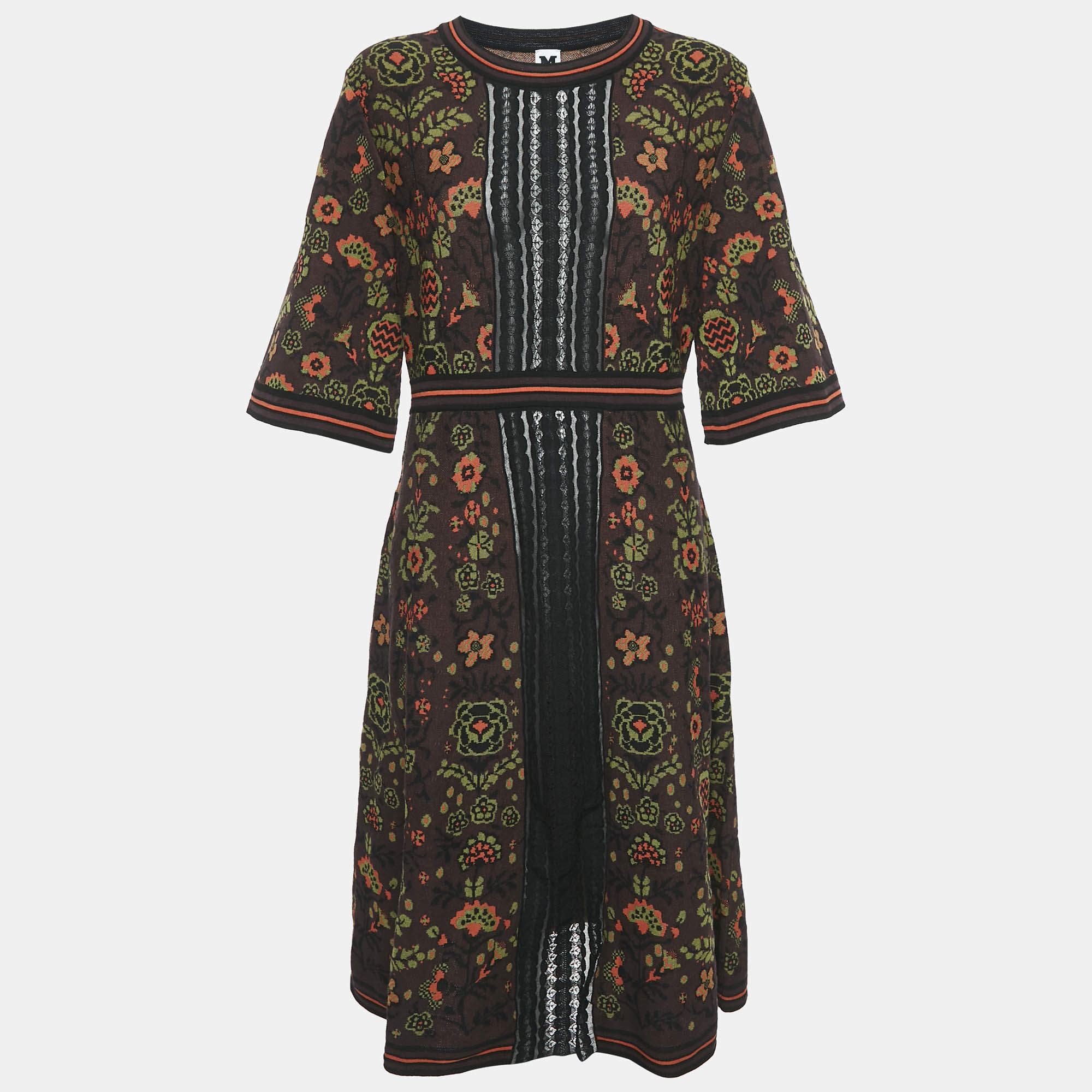 Pre Owned M Missoni Burgundy Patterned Knit Shot Sleeve Midi Dress L