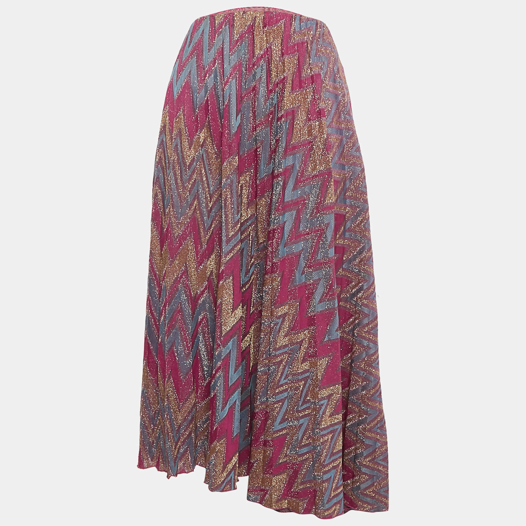 Pre Owned M Missoni Multicolor/Pink Chevron Pattern Jacquard Lurex Knit Midi Skirt S