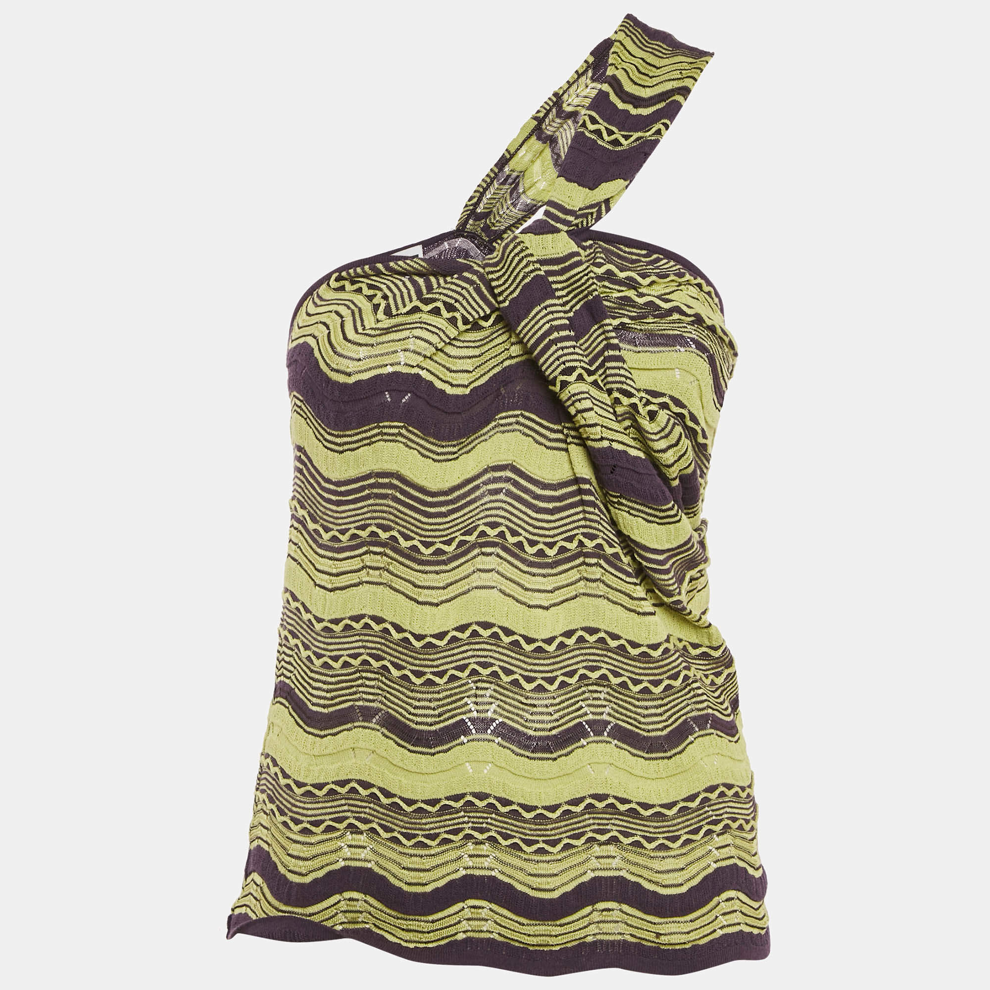 Pre Owned M Missoni Green/Purple Patterned Knit One-Shoulder Top M