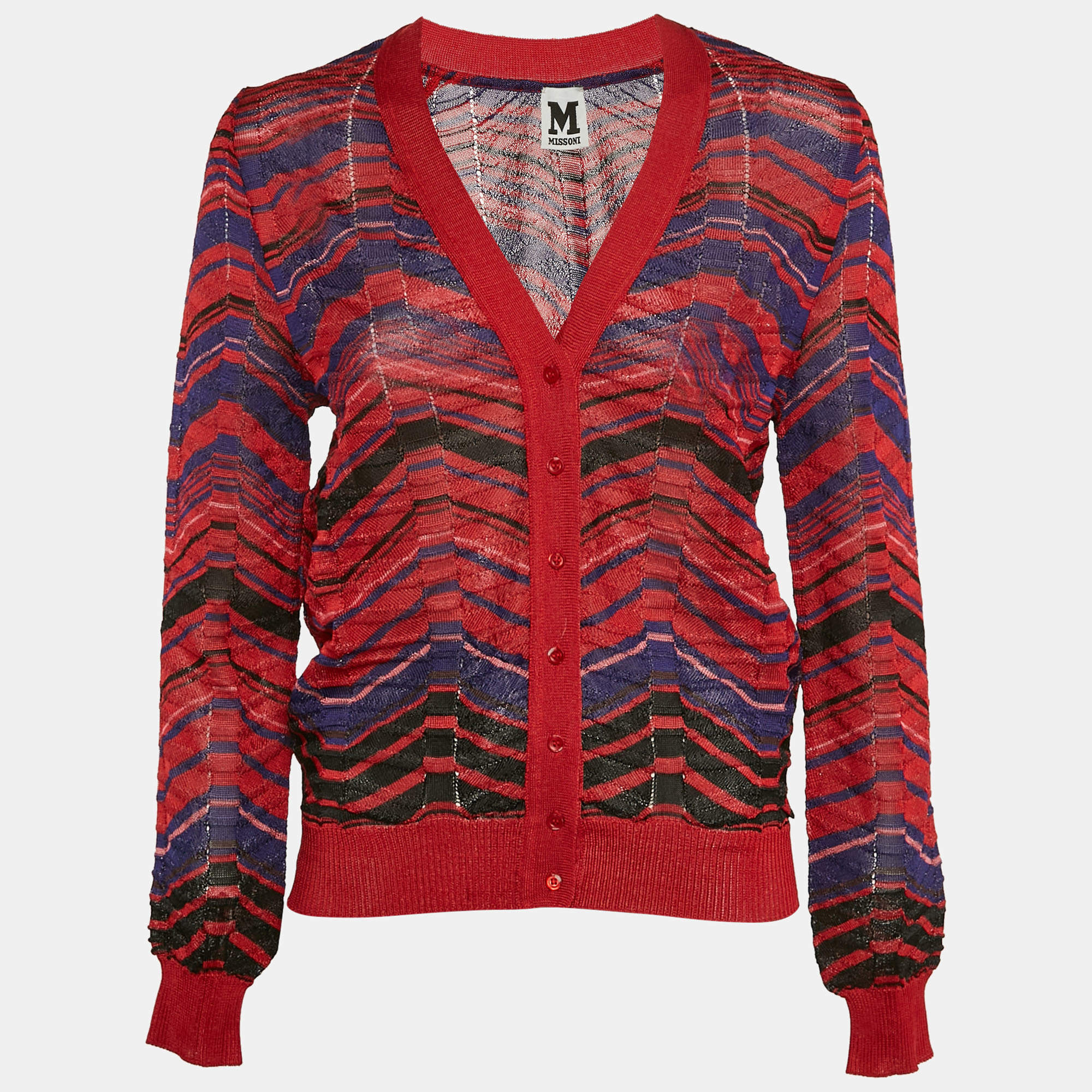 Pre Owned M Missoni Red Patterned Knit Button Front Cardigan M