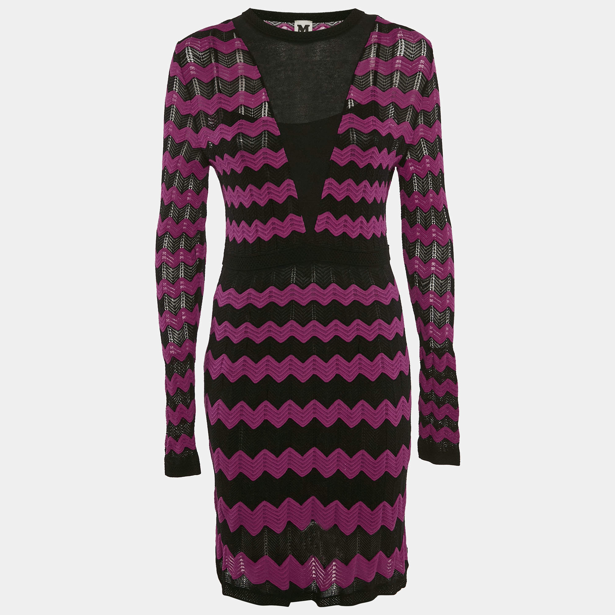 Pre Owned M Missoni Pink/Black Chevron Pattern Knit Long Sleeve Dress M