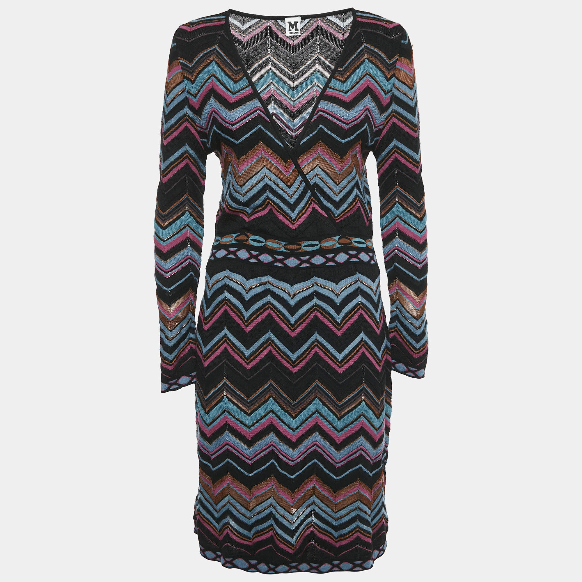 Pre Owned M Missoni  Multicolor Chevron Pattern Knit V-Neck Short Dress L