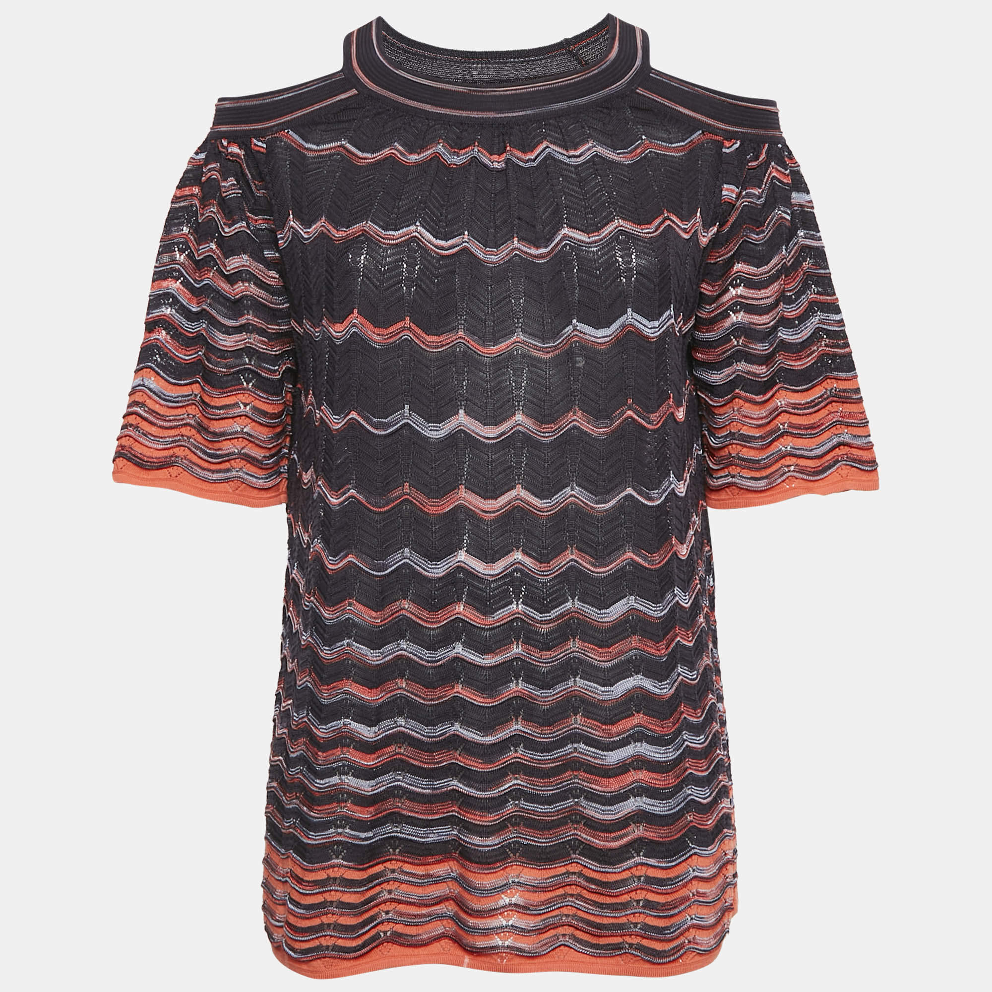 M Missoni Multicolor Chevron Pattern Knit Cold Shoulder Top S