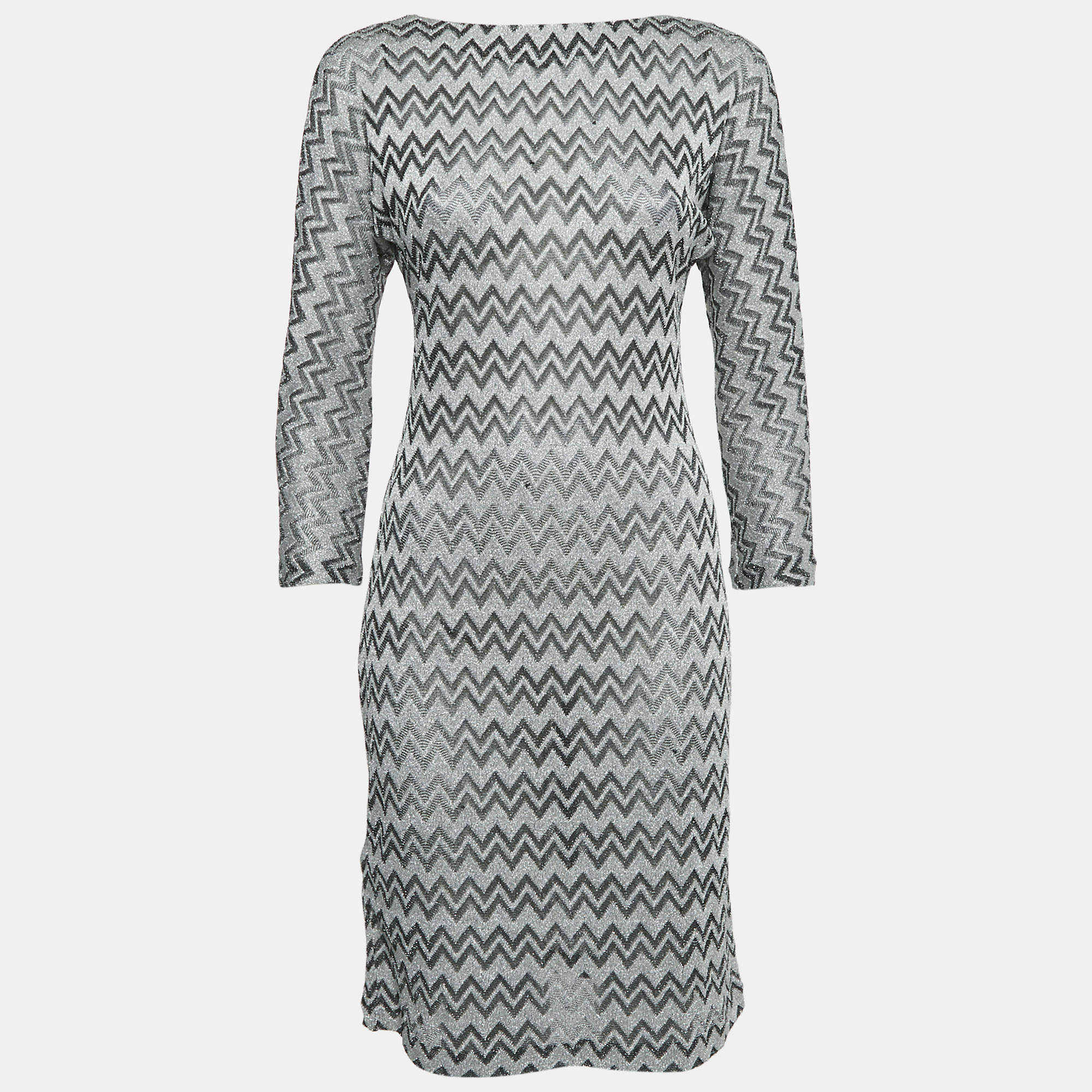 Pre Owned M Missoni Silver Chevron Pattern Lurex Knit Back Tie-Up Detail Dress M