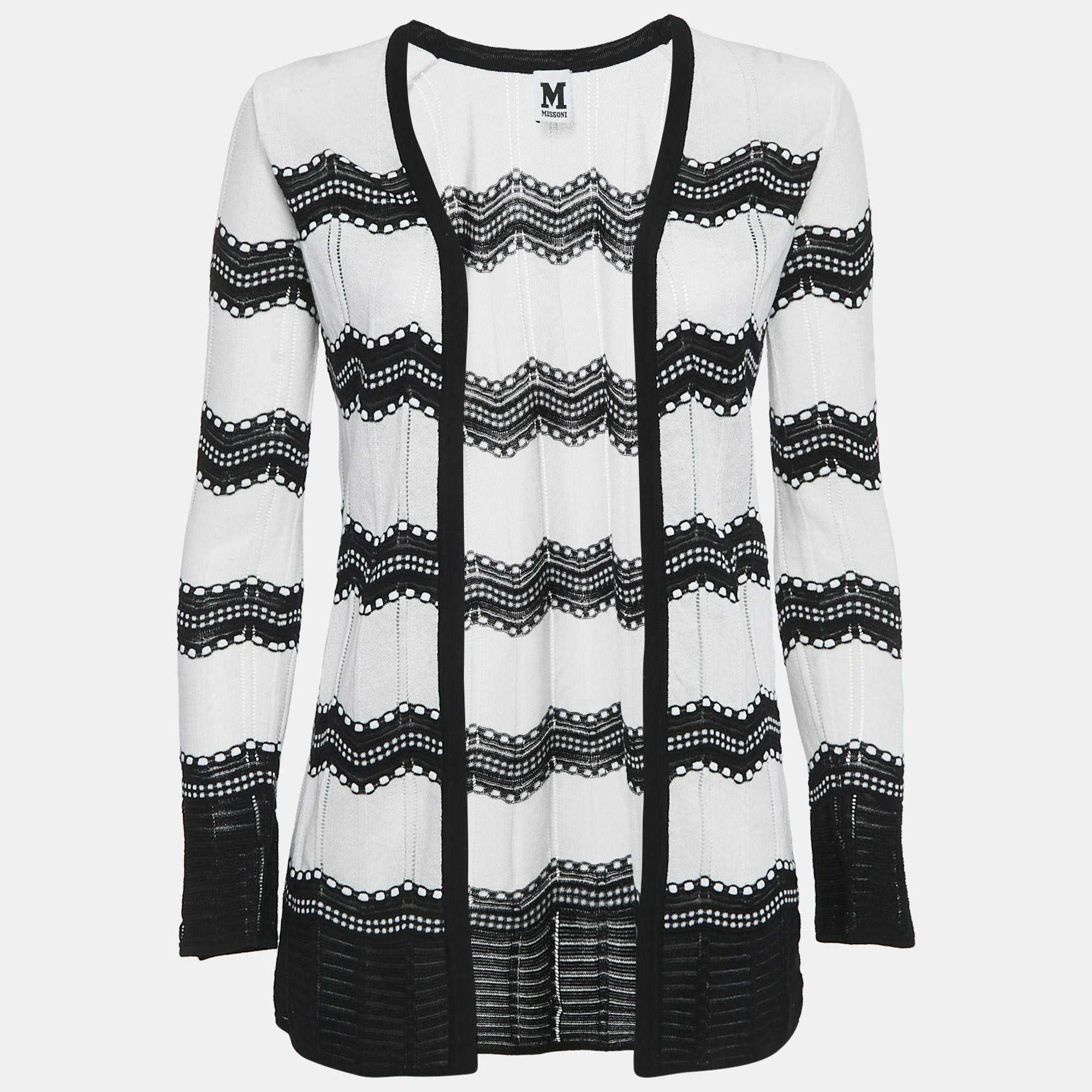 Pre Owned M Missoni White/Black Chevron Pattern Cotton Open Front Cardigan S