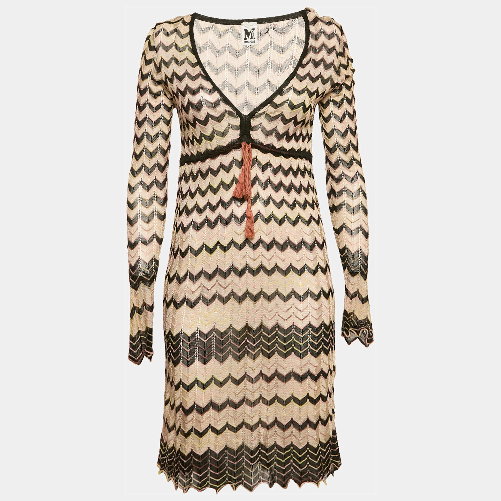 M Missoni Brown Chevron Pattern Knit V-Neck Short Dress M