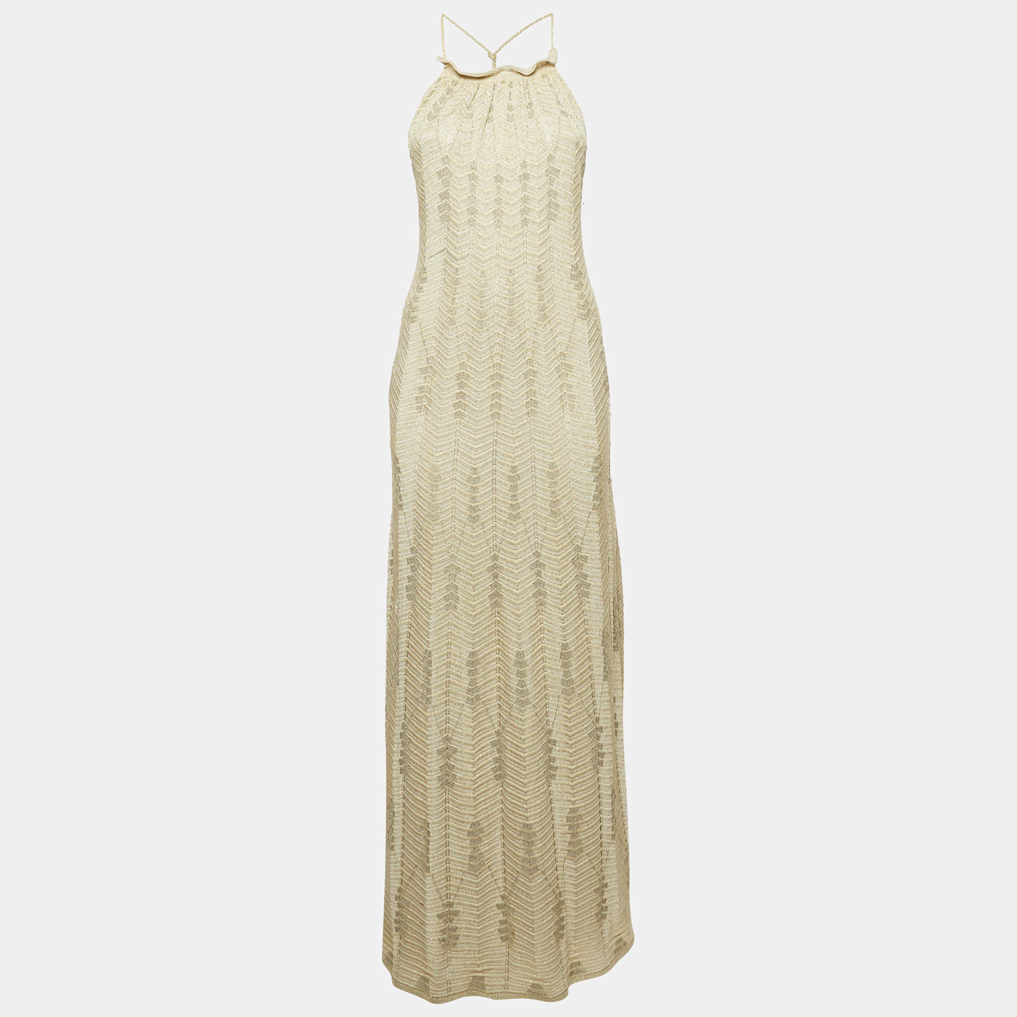 M Missoni Green Chevron Lurex Knit Halter Neck Lace-Up Maxi Dress XL