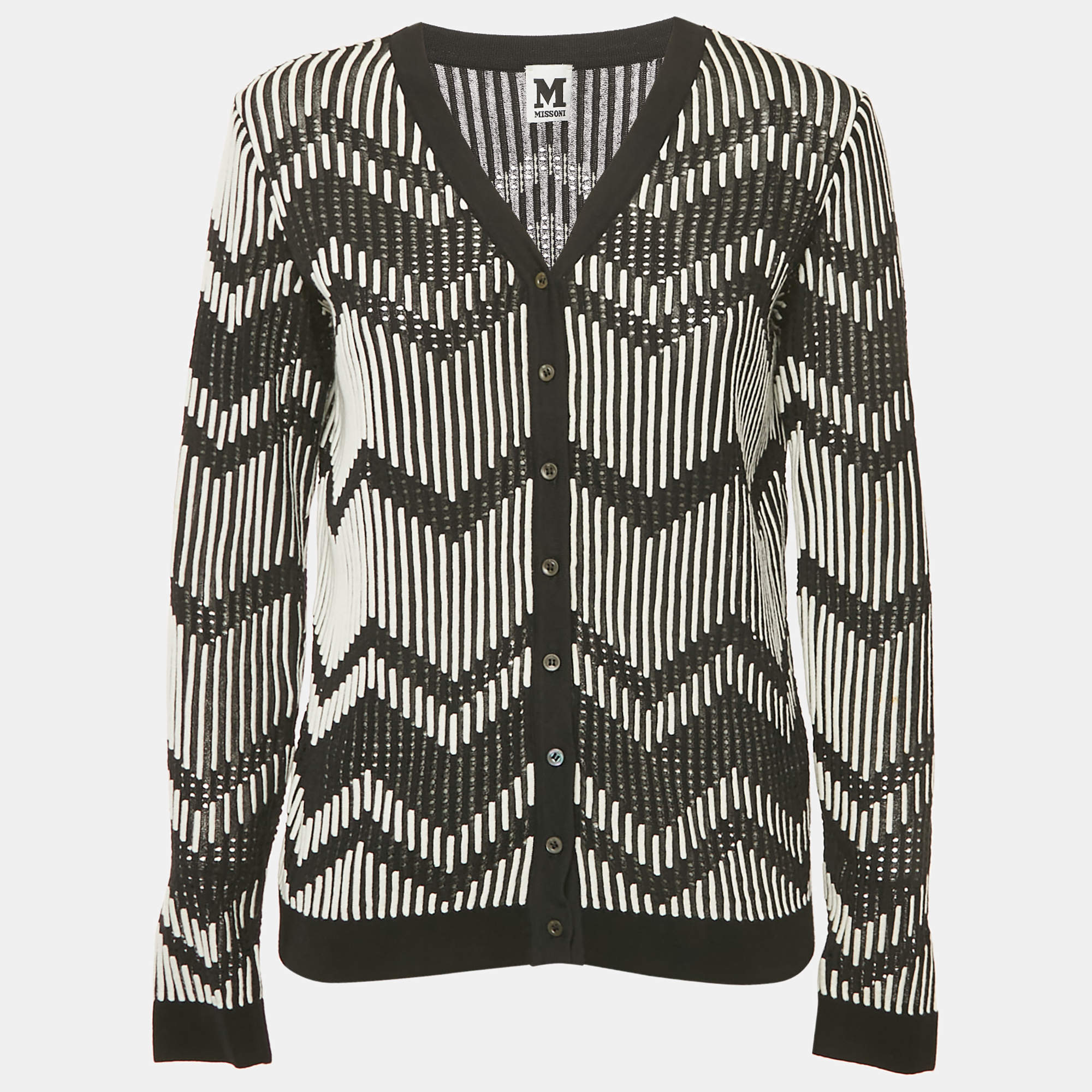 Pre Owned M Missoni Black/White Patterned Knit Button Front Cardigan S