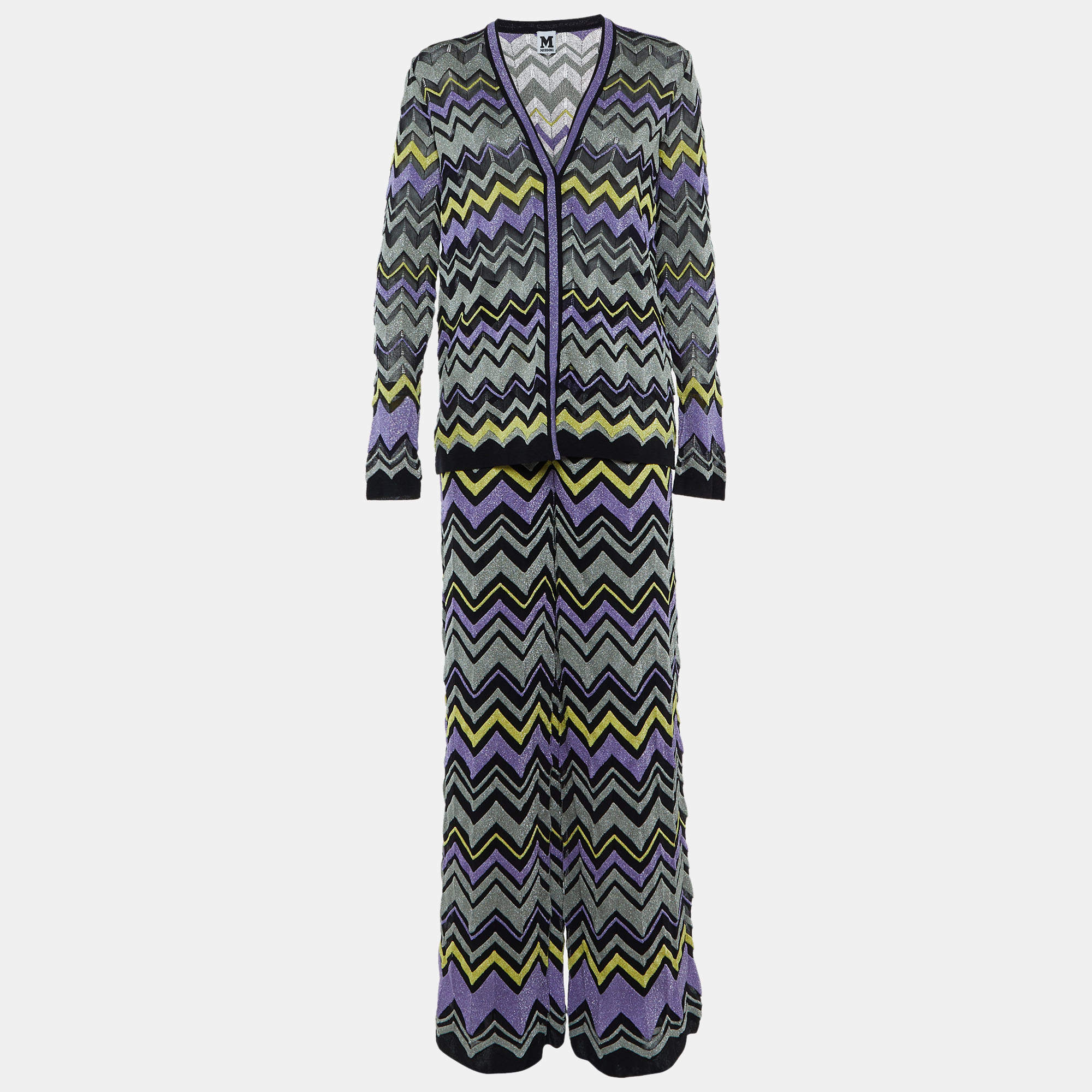 Pre Owned M Missoni Multicolor Patterned Lurex Knit Pants & Cardigan Set M