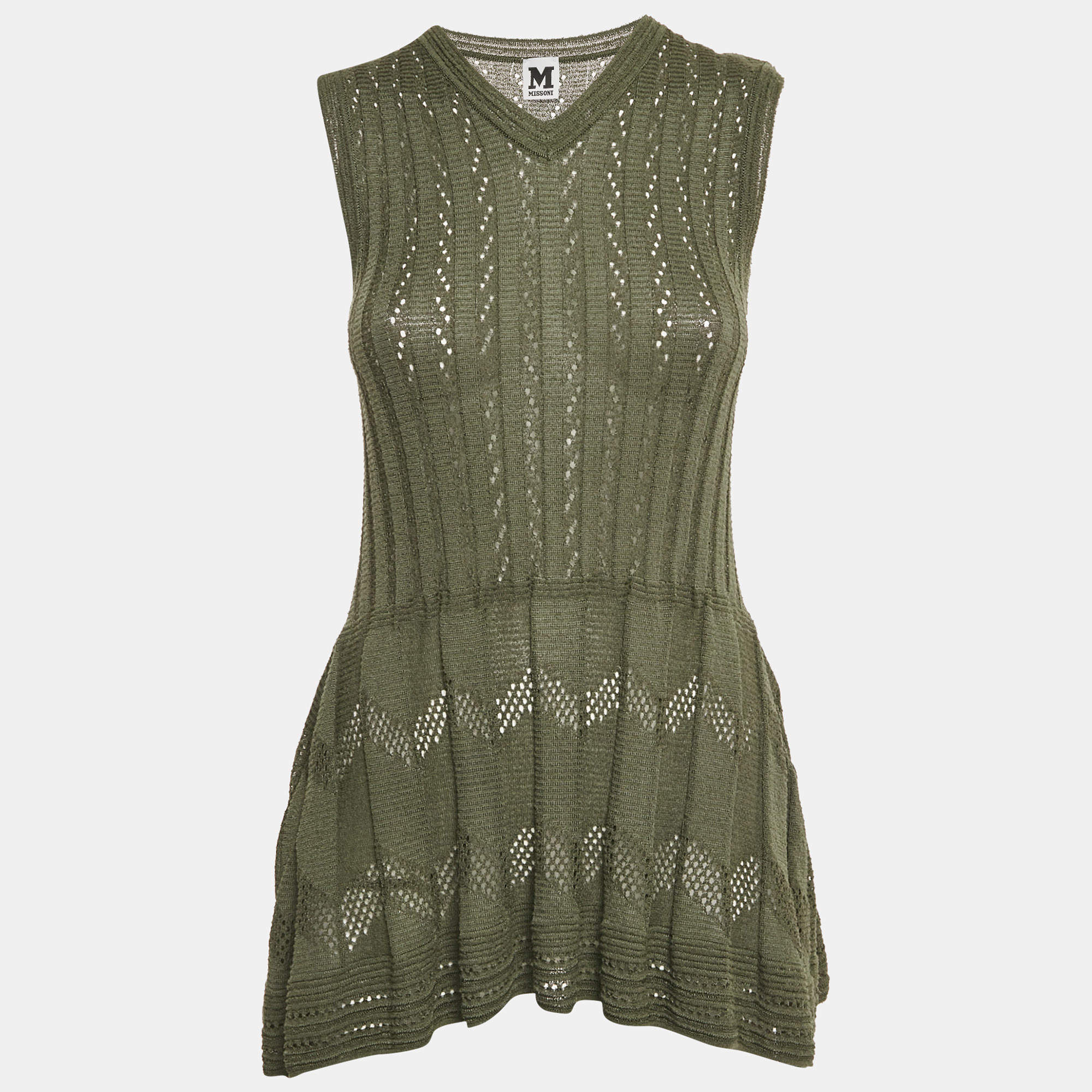 مملوكة مسبقًا M Missoni Olive Green Cotton Knit Sleeveless Mini Dress S