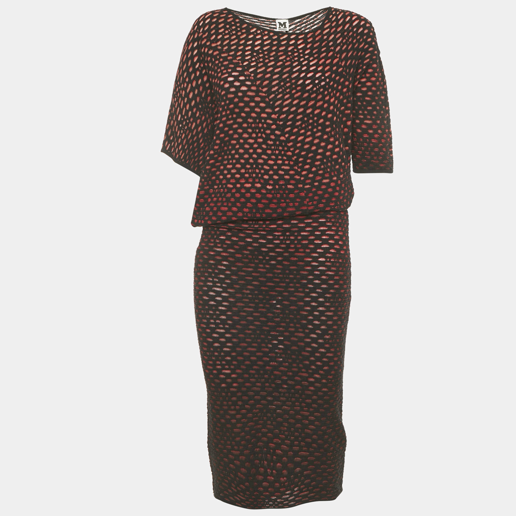 Pre Owned M Missoni Black/Red Patterned Knit Flared Mini Dress S