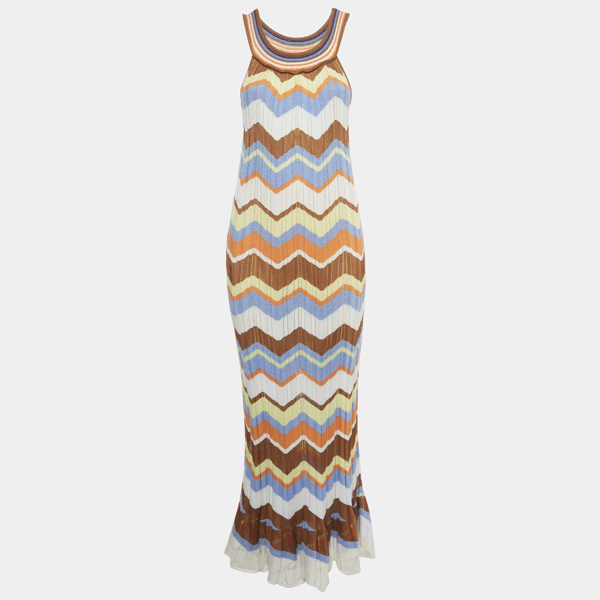 Pre Owned M Missoni Multicolor Zig Zag Rib knit Maxi Dress M 
